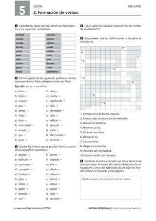 Lengua castellana y Literatura 3.º ESO MATERIAL FOTOCOPIABLE / © Oxford University Press España, S. A.
5
LÉXICO REFUERZO
2. Formación de verbos
MULTICULTURALIDADADAPTACIONESCURRICULARESEVALUACIÓNDECOMPETENCIASPRUEBASDEEVALUACIÓNACTIVIDADESDEREFUERZO
Ẅ Completa la tabla con los verbos correspondien-
tes a los siguientes sustantivos.
ẅ Forma a partir de las siguientes palabras el verbo
correspondiente. Todos deben terminar en -ificar.
Ejemplo: verso versificar
a) bono l) clase
b) dulce m) piedra
c) amplio n) significado
d) paz ñ) falso
e) santo o) identidad
f) nido p) tono
g) dosis q) edificio
h) intensidad r) ejemplo
i) escena s) daño
j) gas t) electricidad
k) puro u) desierto
Ẇ Escribe los verbos que se pueden formar a partir
de los siguientes sustantivos.
a) aguijón k) broma
b) balbuceo l) torpedo
c) contoneo m) aire
d) carcajada n) alarde
e) burbuja ñ) cabeza
f) gota o) boicot
g) olfato p) aleteo
h) golpe q) boxeo
i) bomba r) tecla
j) voz s) párpado
ẇ ¿Qué sufijo has utilizado para formar los verbos
de la actividad 3?
Ẉ CRUCIGRAMA. Lee las definiciones y resuelve el
crucigrama.
1. Comportarse de forma coqueta.
2. Evocar, traer un recuerdo a la memoria.
3. Llamar por teléfono.
4. Meter en un lío.
5. Ponerse más claro.
6. Llamar de tú.
7. Causar temor.
8. Llegar a un acuerdo.
9. Observar con curiosidad.
10. Dudar, vacilar con titubeos.
ẉ Continúa el relato y compón un breve texto en el
que aparezcan al menos dos verbos derivados de un
sustantivo y otros dos derivados de un adjetivo. Pue-
des utilizar ejemplos de estas páginas.
mancha escritura
vestido mirada
comida pérdida
bebida saludo
sueño botella
corte trozo
vista plan
camino disparo
juego salida
fluido nacimiento
C1
R2
L4
5
C
6
T
7
A
A8
9
C
10
T
3
T
Aquella mañana, Zoe se levantó de mal humor…
 