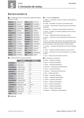 5
LÉXICO REFUERZO
2. Formación de verbos
Solucionario
Ẋ Los verbos que se forman a partir de las palabras propuestas
figuran en la tabla.
ẋ La tabla contiene la respuesta requerida.
Ẍ RESPUESTA LIBRE.
ẍẖ Las oraciones, RESPUESTA LIBRE.
a) cabeza encabezar. Los líderes sindicales encabezaban la
manifestación.
b) candil encandilar. Su carácter nos encandiló a todos.
c) consejo desaconsejar. Te desaconsejo esa universidad; es
mejor esta.
d) estimación desestimar. El juez desestimó la denuncia.
e) frente enfrentar. Los mejores jugadores de tenis se enfren-
tarán en el torneo.
f) arruga desarrugar. Hay que desarrugar esa tela.
g) charco encharcar. El suelo ha quedado encharcado por una
avería.
h) carril encarrilar / desencarrilar. Tras las dificultades inicia-
les, la conferencia internacional se ha encarrilado y pronto se lle-
gará a un acuerdo. / El tren descarriló por un fallo mecánico.
i) cuidado descuidar. Me descuidé con la hora y he llegado
tarde.
j) dulce endulzar. Endulza ese yogur con un poco de miel.
k) centro descentrar. Los ruidos me descentran y no me dejan
estudiar.
l) yeso enyesar. Hay que enyesar esa pared.
ẍẗ La respuesta es la siguiente:
a) piedra apedrear, empedrar
b) paño empañar, desempañar
c) funda enfundar, desenfundar
d) ponzoña emponzoñar, desemponzoñar
e) tierra enterrar, desenterrar
f) máscara enmascarar, desenmascarar
g) silla ensillar, desensillar
h) pareja emparejar, desparejar
i) papel empapelar, desempapelar
j) lumbre alumbrar, deslumbrar
k) barco embarcar, desembarcar
l) boca embocar, desembocar
m)bolsa embolsar, desembolsar
n) bruja embrujar, desembrujar
ñ) paquete empaquetar, desempaquetar
© Oxford University Press España, S. A. Lengua castellana y Literatura 3.º ESO
alfabetizaralfabeto enfurecerfuria
bautizarbautismo tranquilizartranquilo
humedecerhúmedo aromatizararoma
universalizaruniversal esquematizaresquema
tiranizartirano finalizarfinal
protagonizarprotagonista garantizargarantía
cicatrizarcicatriz memorizarmemoria
actualizaractual modernizarmoderno
esclavizaresclavo obstaculizarobstáculo
suavizarsuave simbolizarsímbolo
centralizarcentral sistematizarsistema
inmortalizarinmortal atardecertarde
enriquecerrico encarecercaro
oscureceroscuro florecerflor
palidecerpálido resplandecerresplandor
robustecerrobusto agilizarágil
PALABRA
encolerizar cólera (Sust)
PREFIJOS
en-
embrujar bruja (Sust) em-
ensombrecer sombra (Sust) en-
deshumanizar humano (Adj) des-
atemorizar temor (Sust) a-
desmilitarizar militar (Adj) des-
aterrizar tierra (Sust) a-
disculpar culpa (Sust) dis-
intranquilizar tranquilo (Adj) in-
disgustar gusto (Sust) dis-
contraindicar indicación (Sust) contra-
empuñar puño (Sust) em-
ahumar humo (Sust) a-
empapelar papel (Sust) em-
afear feo (Adj) a-
 