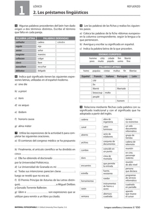 MATERIAL FOTOCOPIABLE / © Oxford University Press España, S. A. Lengua castellana y Literatura 3.º ESO
1
LÉXICO REFUERZO
2. Los préstamos lingüísticos
MULTICULTURALIDADADAPTACIONESCURRICULARESEVALUACIÓNDECOMPETENCIASPRUEBASDEEVALUACIÓNACTIVIDADESDEREFUERZO
Ẉ Algunas palabras procedentes del latín han dado
origen a dos términos distintos. Escribe el término
que falta en cada pareja.
ẉ Indica qué significado tienen las siguientes expre-
siones latinas, utilizadas en el español moderno.
a) sine díe
b) a priori
c) ítem
d) ex aequo
e) ibídem
f) honoris causa
g) alma máter
Ẋ Utiliza las expresiones de la actividad 6 para com-
pletar las siguientes oraciones.
a) El comienzo del congreso médico se ha pospuesto
b) Finalmente, el artículo científico se ha dividido en
cinco
c) Ella ha obtenido el doctorado
por la Universidad Politécnica.
d) La Universidad de Granada es mi
e) Todas sus intenciones parecían claras ;
luego se reveló que no era así.
f) El Premio Príncipe de Asturias de las Letras distin-
guió, , a Miguel Delibes
y Gonzalo Torrente Ballester.
g) Ídem e son expresiones que se
utilizan para remitir a un libro ya citado.
ẋ Lee las palabras de las fichas y realiza los siguien-
tes pasos:
a) Coloca las palabras de la ficha «Idiomas europeos»
en la columna correspondiente, según la lengua a la
que pertenecen.
b) Averigua y escribe su significado en español.
c) Indica la palabra latina de la que proceden.
Ẍ Relaciona mediante flechas cada palabra con su
significado tradicional y con el significado que ha
adoptado a partir del inglés.
PALABRA LATINA PALABRAS DERIVADAS
IDIOMAS EUROPEOS
cathedra cadera
homme città cidade fim libertà
povo muito popolo uomo fine
PALABRAS LATINAS
homo populus civitas multus fin libertas
Español Francés
cité
Italiano Portugués Latín
fin
liberté libertade
beaucoup molto
peuple
homem
cátedra
regula reja
senior señor
magister maestro
collocare colgar
clavis llave
auscultare escuchar
delicatus delgado
cadena obra de
ingeniería
torneo
no restrictivo
canal astro
luminoso
un solo
documento
informático
abierto serie de
eslabones
grupo de
tiendas
archivo conjunto de
documentos
cadena de
televisión
cumbre
coincidir en
un punto
reunión
duro
cima de
montaña
en cine,
personaje
violento
encuentro
que permite
la entrada
reunión
de alto nivel
estrella
fuerte,
resistente
persona
que destaca
herramientas
roedor
programas
de servicio
informático
ratón
instrumentos
de hierro o
acero
cuadrado
en pantalla
ventana
abertura
cuadrada
aparato
que mueve
el cursor
 