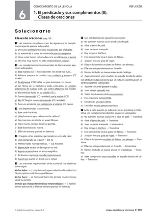CONOCIMIENTO DE LA LENGUA REFUERZO
1. El predicado y sus complementos (II).
Clases de oraciones
Solucionario
Clases de oraciones (pág. 58)
Ẅ Las oraciones resultantes son las siguientes (el comple-
mento agente aparece subrayado):
a) Un nuevo polideportivo será inaugurado por el alcalde.
b) La autovía de la costa es construida por esta empresa.
c) Unas notas fueron redactadas en la servilleta por el poeta.
d) Un arroz muy bueno ha sido preparado por Joaquín.
ẅ Los complementos circunstanciales de las oraciones apa-
recen subrayados.
a) Esta mañana (CCT) había grandes olas en el mar (CCL).
b) Adriana prepara la comida con cuidado y esmero (CC
modo).
c) En el parque (CCL) había un gran estanque con cisnes.
d) Los libros de la biblioteca están colocados en amplias
estanterías de madera (CCL) por orden alfabético (CC modo).
e) Encontró las llaves en su bolsillo (CCL).
f) Comes demasiado (CC cantidad) por la noche (CCT).
g) No (CC Neg) te quejes demasiado (CC cantidad).
h) Tuvo un accidente por negligencia al volante (CC causa).
Ẇ Son impersonales la oraciones:
a) Esta tarde hace frío.
c) ¿Hay bastante agua caliente en la caldera?
e) Hay tres pisos en oferta en aquel bloque.
g) Hace mucho tiempo desde su partida.
i) Está lloviendo esta noche.
l) El fin de semana granizó en Valencia.
ẇ El sujeto en las oraciones personales es, en cada caso:
b) ¿Has comprado ya el pan? SO: Tú
d) Hemos traído nuevas noticias. SO: Nosotros
f) El pescador atrapó un besugo en su red.
h) Aquel cocinero hace un arroz magnífico.
j) En la sierra cayó una nevada impresionante.
k) Aquel rayo partió un árbol por la mitad.
Ẉ Las oraciones impersonales de la actividad 2 se clasifican
como sigue:
Verbo haber c) ¿Hay bastante agua caliente en la caldera?; e)
Hay tres pisos en oferta en aquel bloque.
Verbo hacer a) Esta tarde hace frío; g) Hace mucho tiempo
desde su partida.
Verbos que indican fenómenos meteorológicos i) Está llo-
viendo esta noche; l) El fin de semana granizó en Valencia.
ẉ Son predicativas las siguientes oraciones:
a) No admiten nuevos socios en el club de golf.
b) Abre el tarro de paté.
d) Juan se siente tranquilo.
e) Hoy tengo el día libre.
f) Este concertista toca el piano de fábula.
j) Joaquín lee una guía de viajes.
k) Elías se ha comido un plato de fideos con almejas.
m) Ella vive estupendamente en Tenerife.
ñ) Hemos incluido un nuevo anexo en el catálogo.
o) Ayer compraron unos muebles en aquella tienda de saldos.
Son atributivas las oraciones que se indican a continuación (el
atributo aparece subrayado):
c) Aquella chica del parque es rubia.
g) Juan parece cansado hoy.
h) Todos los alumnos están muy ansiosos.
i) Esta manzana está podrida.
l) Carolina es una gran atleta.
n) Salvador es una persona nerviosa.
Ẋ Junto a cada oración se indica si esta es transitiva o intran-
sitiva. Los complementos directos aparecen subrayados.
a) No admiten nuevos socios en el club de golf. Transitiva
b) Abre el tarro de paté. Transitiva
d) Juan se siente tranquilo. Intransitiva
e) Hoy tengo el día libre. Transitiva
f) Este concertista toca el piano de fábula. Transitiva
j) Joaquín lee una guía de viajes. Transitiva
k) Elías se ha comido un plato de fideos con almejas. Tran-
sitiva
m) Ella vive estupendamente en Tenerife. Intransitiva
ñ) Hemos incluido un nuevo anexo en el catálogo. Transi-
tiva
o) Ayer compraron unos muebles en aquella tienda de sal-
dos. Transitiva
© Oxford University Press España, S. A. Lengua castellana y Literatura 3.º ESO
6
 