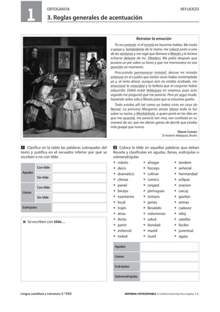 Lengua castellana y Literatura 3.º ESO MATERIAL FOTOCOPIABLE / © Oxford University Press España, S. A.
1
ORTOGRAFÍA REFUERZO
3. Reglas generales de acentuación
MULTICULTURALIDADADAPTACIONESCURRICULARESEVALUACIÓNDECOMPETENCIASPRUEBASDEEVALUACIÓNACTIVIDADESDEREFUERZO
Ẅ Clasifica en la tabla las palabras subrayadas del
texto y justifica en el recuadro inferior por qué se
escriben o no con tilde.
ẅ Coloca la tilde en aquellas palabras que deban
llevarla y clasifícalas en agudas, llanas, esdrújulas o
sobreesdrújulas
ț robots ț ahogar ț tandem
ț decis ț forceps ț señorial
ț dramatico ț colmar ț hermandad
ț climax ț comics ț eclipse
ț panel ț cesped ț oracion
ț biceps ț portugues ț carcaj
ț examenes ț sintaxis ț gavilan
ț local ț jamas ț antrax
ț trajin ț llevatelo ț cadaver
ț atras ț volumenes ț reloj
ț ilicito ț salud ț satelite
ț partir ț bondad ț faciles
ț estiercol ț mastil ț juventud
ț trebol ț inutil ț agata
Esdrújulas
Con tilde
Sin tilde
Llanas
Con tilde
Sin tilde
Agudas
Retratar la emoción
Yo no contesté, ni él insistió en hacerme hablar. Me invitó
a pasar y, tomándome de la mano, me colocó junto a una
de las ventanas y me rogó que llamara a Moisés y le hiciera
echarse delante de mí. Obedecí. Me pidió después que
pusiera un pie sobre su lomo y que me mantuviera en esa
posición un momento.
Procurando permanecer inmóvil, detuve mi mirada
entonces en el cuadro que tantas veces había contemplado
ya y, al verlo ahora, aunque aún no estaba acabado, me
emocionó la vivacidad y la belleza que el conjunto había
adquirido. Debió notar Velázquez mi sorpresa, pues acto
seguido me preguntó qué me parecía. Pero yo seguí mudo,
haciendo señas solo a Moisés para que se estuviese quieto.
Todo estaba allí tal como yo había visto en casa de
Nerval. La princesa Margarita atraía ahora toda la luz
sobre su rostro, y Maribárbola, a quien pintó en los días en
que me ausenté, me pareció tan viva, tan confiada en su
manera de ser, que me dieron ganas de decirle que estaba
más guapa que nunca.
Eliacer CANSINO
El misterio Velázquez, Bruño
࡯ Se escriben con tilde…
Agudas
Llanas
Esdrújulas
Sobreesdrújulas
 