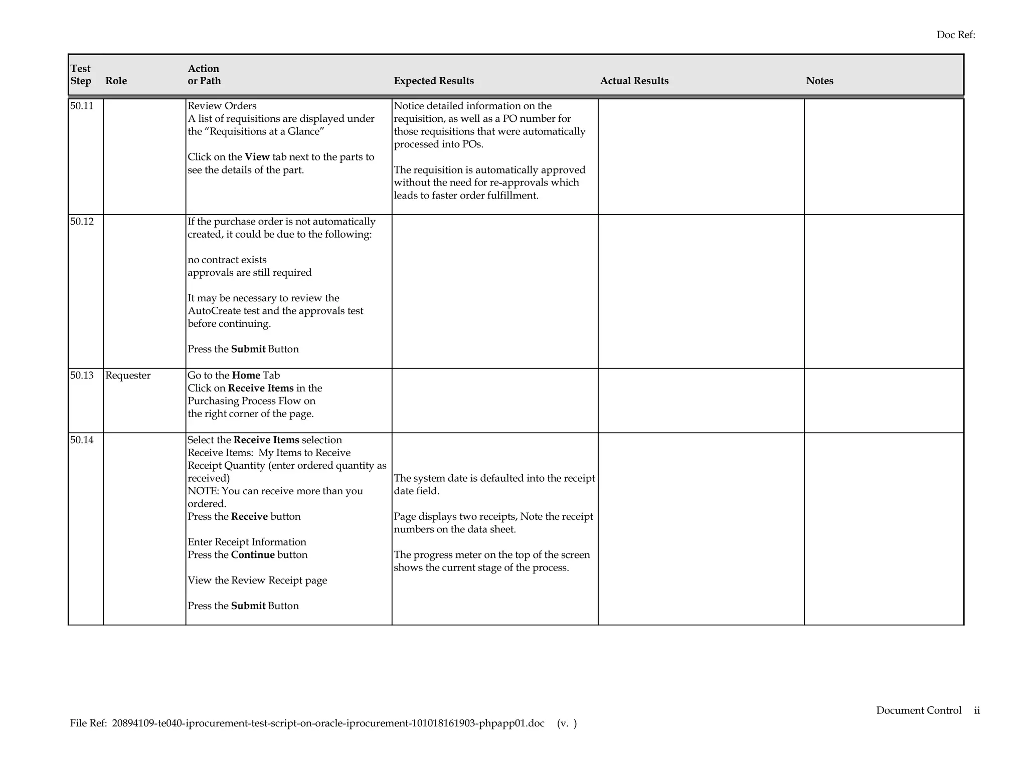 Doc Ref:


Test                    Action
Step    Role            or Path                                      Expected Results                               Actual Results   Notes

50.11                   Review Orders                                Notice detailed information on the
                        A list of requisitions are displayed under   requisition, as well as a PO number for
                        the “Requisitions at a Glance”               those requisitions that were automatically
                                                                     processed into POs.
                        Click on the View tab next to the parts to
                        see the details of the part.                 The requisition is automatically approved
                                                                     without the need for re-approvals which
                                                                     leads to faster order fulfillment.

50.12                   If the purchase order is not automatically
                        created, it could be due to the following:

                        no contract exists
                        approvals are still required

                        It may be necessary to review the
                        AutoCreate test and the approvals test
                        before continuing.

                        Press the Submit Button

50.13   Requester       Go to the Home Tab
                        Click on Receive Items in the
                        Purchasing Process Flow on
                        the right corner of the page.

50.14                   Select the Receive Items selection
                        Receive Items: My Items to Receive
                        Receipt Quantity (enter ordered quantity as
                        received)                                   The system date is defaulted into the receipt
                        NOTE: You can receive more than you         date field.
                        ordered.
                        Press the Receive button                    Page displays two receipts, Note the receipt
                                                                    numbers on the data sheet.
                        Enter Receipt Information
                        Press the Continue button                   The progress meter on the top of the screen
                                                                    shows the current stage of the process.
                        View the Review Receipt page

                        Press the Submit Button




                                                                                                                                             Document Control   ii
File Ref: 20894109-te040-iprocurement-test-script-on-oracle-iprocurement-101018161903-phpapp01.doc      (v. )
 
