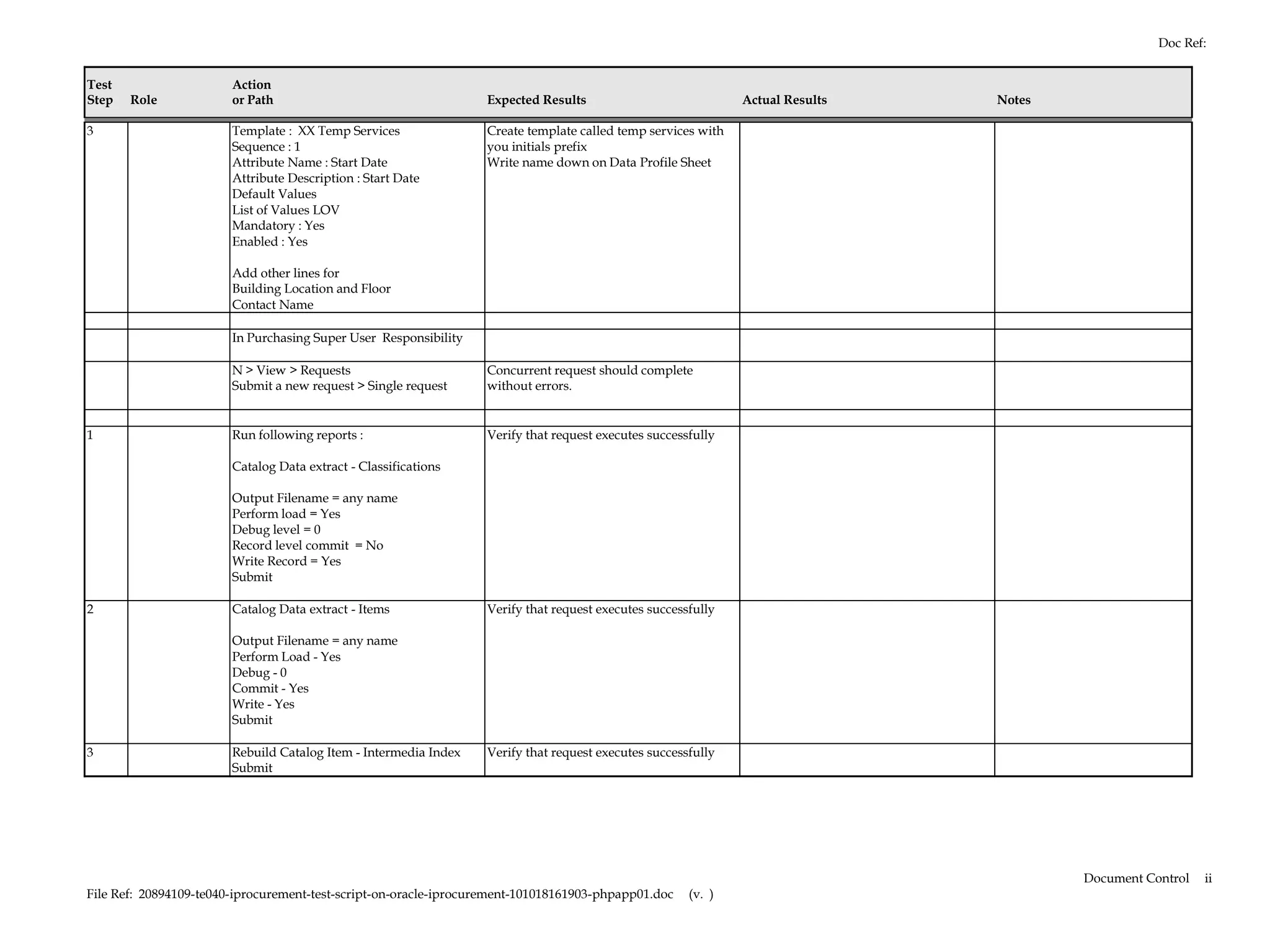 Doc Ref:


Test                    Action
Step   Role             or Path                                   Expected Results                            Actual Results   Notes

3                       Template : XX Temp Services               Create template called temp services with
                        Sequence : 1                              you initials prefix
                        Attribute Name : Start Date               Write name down on Data Profile Sheet
                        Attribute Description : Start Date
                        Default Values
                        List of Values LOV
                        Mandatory : Yes
                        Enabled : Yes

                        Add other lines for
                        Building Location and Floor
                        Contact Name

                        In Purchasing Super User Responsibility

                        N > View > Requests                       Concurrent request should complete
                        Submit a new request > Single request     without errors.


1                       Run following reports :                   Verify that request executes successfully

                        Catalog Data extract - Classifications

                        Output Filename = any name
                        Perform load = Yes
                        Debug level = 0
                        Record level commit = No
                        Write Record = Yes
                        Submit

2                       Catalog Data extract - Items              Verify that request executes successfully

                        Output Filename = any name
                        Perform Load - Yes
                        Debug - 0
                        Commit - Yes
                        Write - Yes
                        Submit

3                       Rebuild Catalog Item - Intermedia Index   Verify that request executes successfully
                        Submit




                                                                                                                                       Document Control   ii
File Ref: 20894109-te040-iprocurement-test-script-on-oracle-iprocurement-101018161903-phpapp01.doc    (v. )
 