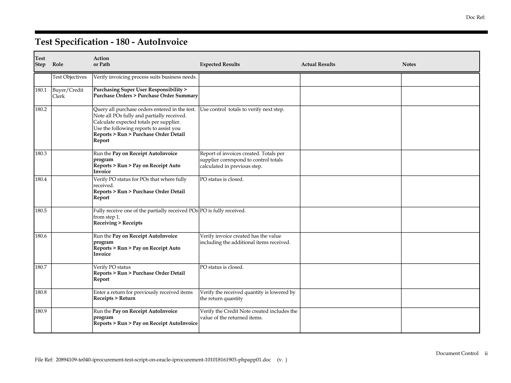 Doc Ref:



Test Specification - 180 - AutoInvoice
Test                      Action
Step    Role              or Path                                          Expected Results                             Actual Results   Notes

        Test Objectives   Verify invoicing process suits business needs.

180.1   Buyer/Credit      Purchasing Super User Responsibility >
        Clerk             Purchase Orders > Purchase Order Summary

180.2                     Query all purchase orders entered in the test. Use control totals to verify next step.
                          Note all POs fully and partially received.
                          Calculate expected totals per supplier.
                          Use the following reports to assist you
                          Reports > Run > Purchase Order Detail
                          Report

180.3                     Run the Pay on Receipt AutoInvoice               Report of invoices created. Totals per
                          program                                          supplier correspond to control totals
                          Reports > Run > Pay on Receipt Auto              calculated in previous step.
                          Invoice
180.4                     Verify PO status for POs that where fully        PO status is closed.
                          received.
                          Reports > Run > Purchase Order Detail
                          Report

180.5                     Fully receive one of the partially received POs PO is fully received.
                          from step 1.
                          Receiving > Receipts

180.6                     Run the Pay on Receipt AutoInvoice               Verify invoice created has the value
                          program                                          including the additional items received.
                          Reports > Run > Pay on Receipt Auto
                          Invoice

180.7                     Verify PO status                                 PO status is closed.
                          Reports > Run > Purchase Order Detail
                          Report

180.8                     Enter a return for previously received items     Verify the received quantity is lowered by
                          Receipts > Return                                the return quantity

180.9                     Run the Pay on Receipt AutoInvoice         Verify the Credit Note created includes the
                          program                                    value of the returned items.
                          Reports > Run > Pay on Receipt AutoInvoice




                                                                                                                                                 Document Control   ii
File Ref: 20894109-te040-iprocurement-test-script-on-oracle-iprocurement-101018161903-phpapp01.doc           (v. )
 