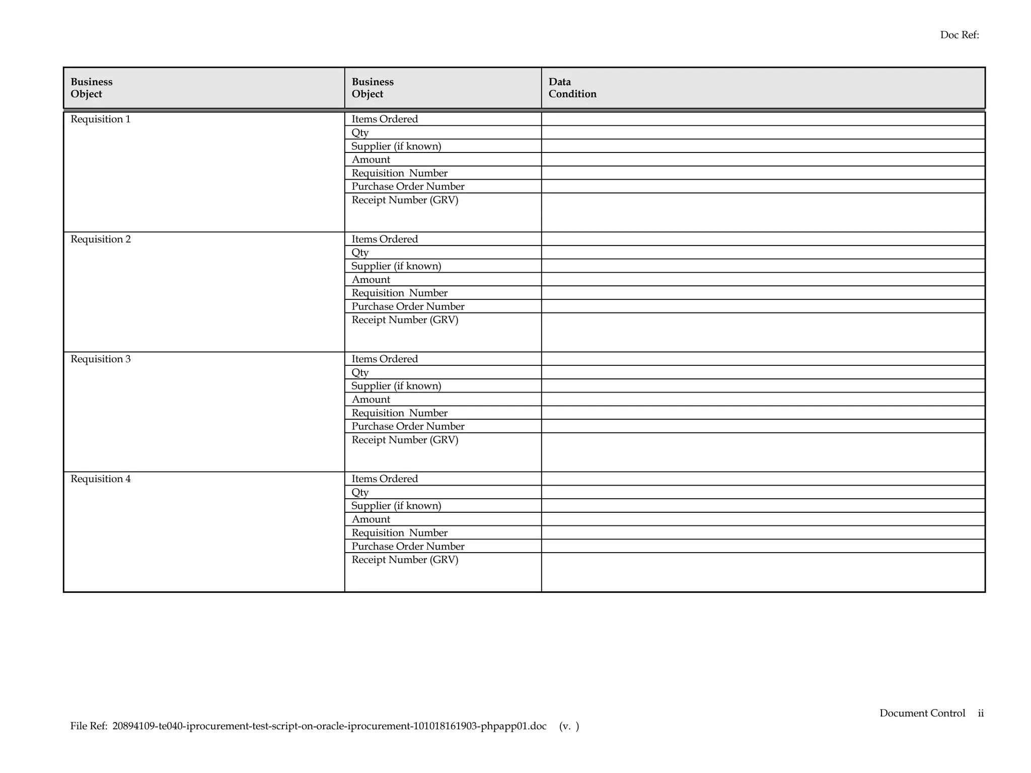 Doc Ref:



Business                                                 Business                                    Data
Object                                                   Object                                      Condition

Requisition 1                                            Items Ordered
                                                         Qty
                                                         Supplier (if known)
                                                         Amount
                                                         Requisition Number
                                                         Purchase Order Number
                                                         Receipt Number (GRV)


Requisition 2                                            Items Ordered
                                                         Qty
                                                         Supplier (if known)
                                                         Amount
                                                         Requisition Number
                                                         Purchase Order Number
                                                         Receipt Number (GRV)


Requisition 3                                            Items Ordered
                                                         Qty
                                                         Supplier (if known)
                                                         Amount
                                                         Requisition Number
                                                         Purchase Order Number
                                                         Receipt Number (GRV)


Requisition 4                                            Items Ordered
                                                         Qty
                                                         Supplier (if known)
                                                         Amount
                                                         Requisition Number
                                                         Purchase Order Number
                                                         Receipt Number (GRV)




                                                                                                                 Document Control   ii
File Ref: 20894109-te040-iprocurement-test-script-on-oracle-iprocurement-101018161903-phpapp01.doc    (v. )
 