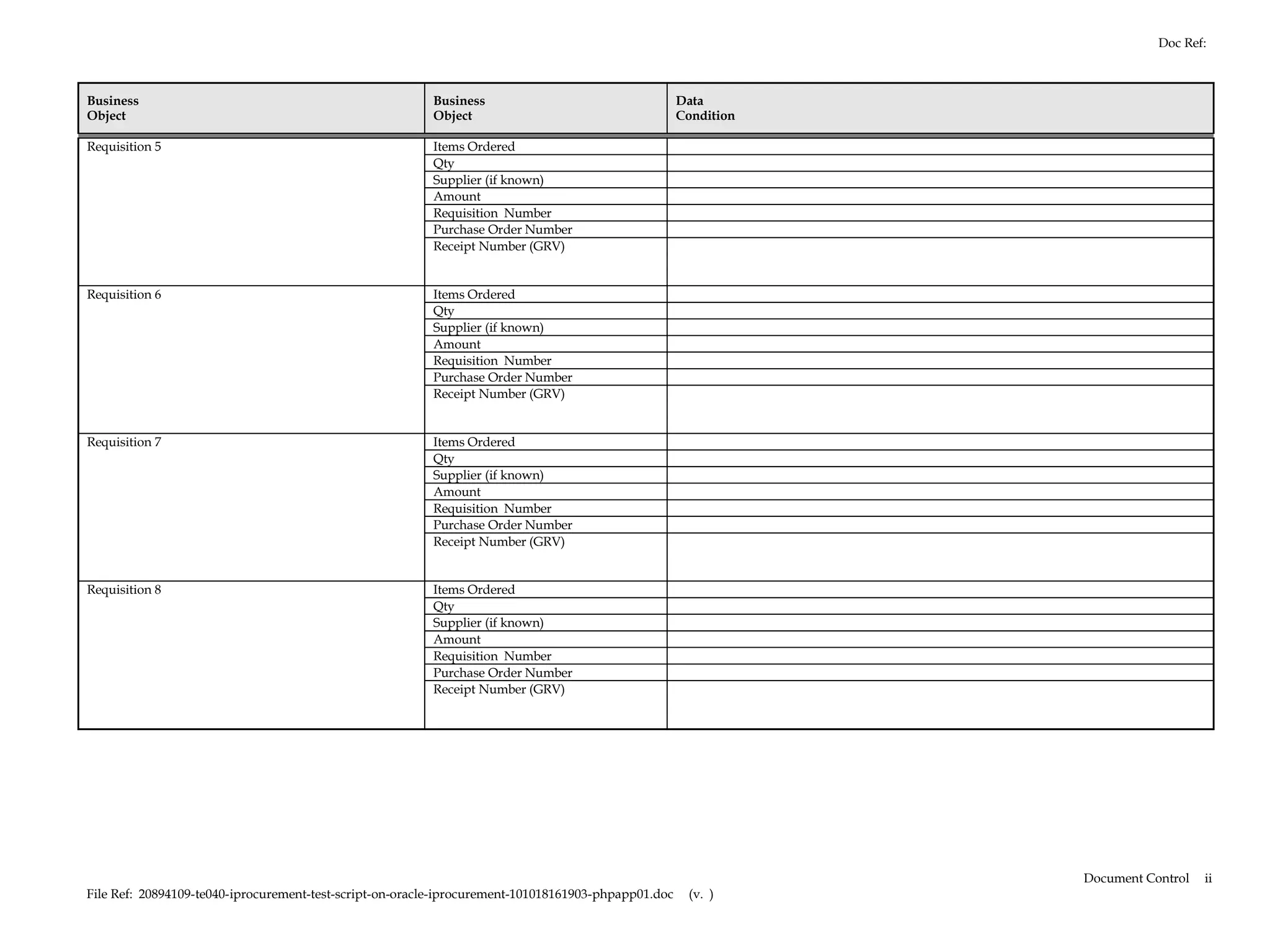Doc Ref:



Business                                                 Business                                    Data
Object                                                   Object                                      Condition

Requisition 5                                            Items Ordered
                                                         Qty
                                                         Supplier (if known)
                                                         Amount
                                                         Requisition Number
                                                         Purchase Order Number
                                                         Receipt Number (GRV)


Requisition 6                                            Items Ordered
                                                         Qty
                                                         Supplier (if known)
                                                         Amount
                                                         Requisition Number
                                                         Purchase Order Number
                                                         Receipt Number (GRV)


Requisition 7                                            Items Ordered
                                                         Qty
                                                         Supplier (if known)
                                                         Amount
                                                         Requisition Number
                                                         Purchase Order Number
                                                         Receipt Number (GRV)


Requisition 8                                            Items Ordered
                                                         Qty
                                                         Supplier (if known)
                                                         Amount
                                                         Requisition Number
                                                         Purchase Order Number
                                                         Receipt Number (GRV)




                                                                                                                 Document Control   ii
File Ref: 20894109-te040-iprocurement-test-script-on-oracle-iprocurement-101018161903-phpapp01.doc    (v. )
 