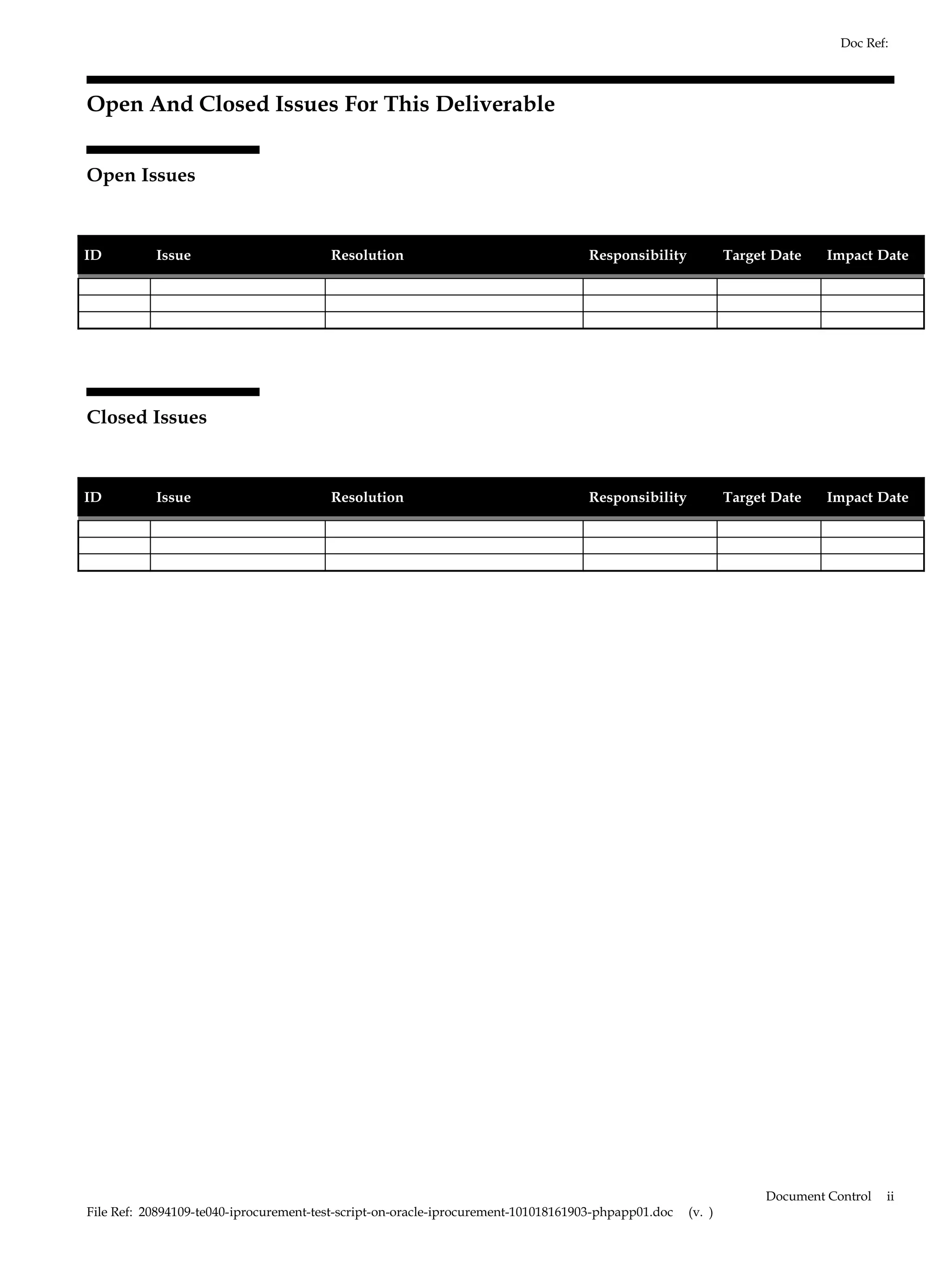 Doc Ref:



Open And Closed Issues For This Deliverable


Open Issues



ID         Issue                        Resolution                                 Responsibility            Target Date    Impact Date




Closed Issues



ID         Issue                        Resolution                                 Responsibility            Target Date    Impact Date




                                                                                                                   Document Control   ii
File Ref: 20894109-te040-iprocurement-test-script-on-oracle-iprocurement-101018161903-phpapp01.doc   (v. )
 