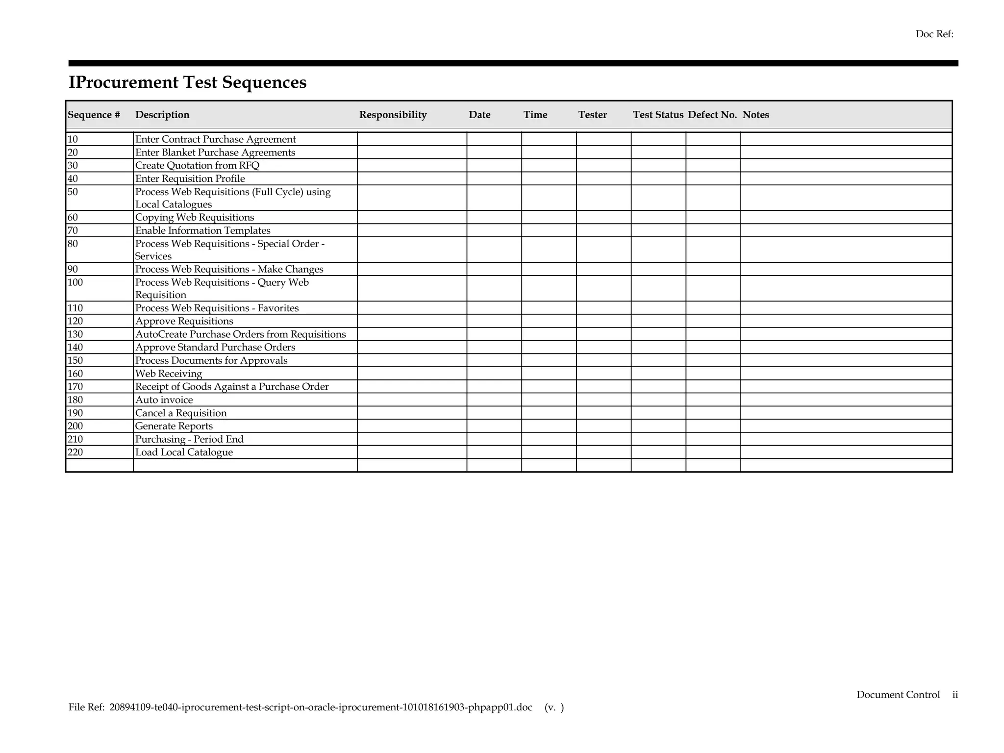 Doc Ref:



IProcurement Test Sequences
Sequence #    Description                                    Responsibility         Date        Time         Tester   Test Status Defect No. Notes

10            Enter Contract Purchase Agreement
20            Enter Blanket Purchase Agreements
30            Create Quotation from RFQ
40            Enter Requisition Profile
50            Process Web Requisitions (Full Cycle) using
              Local Catalogues
60            Copying Web Requisitions
70            Enable Information Templates
80            Process Web Requisitions - Special Order -
              Services
90            Process Web Requisitions - Make Changes
100           Process Web Requisitions - Query Web
              Requisition
110           Process Web Requisitions - Favorites
120           Approve Requisitions
130           AutoCreate Purchase Orders from Requisitions
140           Approve Standard Purchase Orders
150           Process Documents for Approvals
160           Web Receiving
170           Receipt of Goods Against a Purchase Order
180           Auto invoice
190           Cancel a Requisition
200           Generate Reports
210           Purchasing - Period End
220           Load Local Catalogue




                                                                                                                                                     Document Control   ii
File Ref: 20894109-te040-iprocurement-test-script-on-oracle-iprocurement-101018161903-phpapp01.doc   (v. )
 