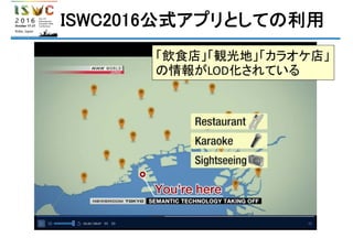 ISWC2016公式アプリとしての利用
「飲食店」「観光地」「カラオケ店」
の情報がLOD化されている
 