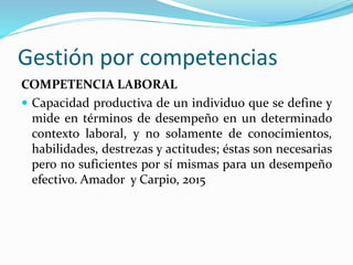 Gestión por competencias
COMPETENCIA LABORAL
 Capacidad productiva de un individuo que se define y
mide en términos de desempeño en un determinado
contexto laboral, y no solamente de conocimientos,
habilidades, destrezas y actitudes; éstas son necesarias
pero no suficientes por sí mismas para un desempeño
efectivo. Amador y Carpio, 2015
 