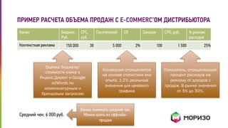 ПРИМЕР РАСЧЕТА ОБЪЕМА ПРОДАЖ С E-COMMERC’ОМ ДИСТРИБЬЮТОРА 
Канал Бюджет. 
Руб. 
CPC, 
руб. 
Посетителей CR Заказов CPO, руб. % реклам. 
расходов 
Контекстная реклама 150 000 30 5 000 2% 100 1 500 25% 
Оценка бюджета/ 
стоимости клика в 
Яндекс.Директ и Google 
adWords по 
номенклатурным и 
брендовым запросам 
Средний чек: 6 000 руб. 
Конверсия определяется 
на основе статистики или 
опыта. 1-2% реальные 
значения для целевого 
трафика 
Показатель, определяющий 
процент расходов на 
рекламу от доходов с 
продаж. В рынке значения 
от 3% до 30%. 
Важно понимать средний чек. 
Можно взять из оффлайн- 
продаж 
 