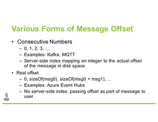 Various Forms of Message Offset
• Consecutive Numbers
– 0, 1, 2, 3, …
– Examples: Kafka, MQTT
– Server-side index mapping ...