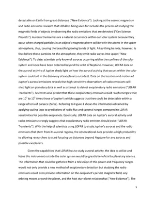 5	
	
detectable	on	Earth	from	great	distances	(“New	Evidence”).	Looking	at	the	cosmic	magnetism	
and	radio	emission	research	that	LOFAR	is	being	used	for	includes	the	process	of	studying	the	
magnetic	fields	of	objects	by	observing	the	radio	emissions	that	are	detected	(“Key	Science	
Projects”).	Auroras	themselves	are	a	natural	occurrence	within	our	solar	system	because	they	
occur	when	charged	particles	in	an	object’s	magnetosphere	collide	with	the	atoms	in	the	upper	
atmosphere,	thus,	causing	the	beautiful	glowing	bands	of	light.	A	key	thing	to	note,	however,	is	
that	before	these	particles	hit	the	atmosphere,	they	emit	radio	waves	into	space	(“New	
Evidence”).	To	date,	scientists	only	know	of	auroras	occurring	within	the	confines	of	the	solar	
system	and	none	have	been	detected	beyond	the	orbit	of	Neptune.	However,	LOFAR	data	on	
the	auroral	activity	of	Jupiter	sheds	light	on	how	the	auroral	activity	that	occurs	within	the	solar	
system	could	aid	in	the	discovery	of	exoplanets	outside	it.	Data	on	the	location	and	motion	of	
Jupiter’s	auroral	emissions	reveals	that	high-sensitivity	observations	of	radio	emissions	will	
shed	light	on	planetary	data	as	well	as	attempt	to	detect	exoplanetary	radio	emissions	(“LOFAR	
Transients”).	Scientists	also	predict	that	these	exoplanetary	emissions	could	reach	energies	that	
are	103
	to	105	
times	those	of	Jupiter’s	which	suggests	that	they	could	be	detectable	within	a	
range	of	tens	of	parsecs	(Zarka).	Referring	to	Figure	3	shows	the	information	obtained	by	
applying	scaling	laws	to	predictions	of	radio	flux	and	spectral	ranges	compared	to	LOFAR	
sensitivities	for	possible	exoplanets.	Essentially,	LOFAR	data	on	Jupiter’s	auroral	activity	and	
radio	emissions	strongly	suggests	that	exoplanetary	radio	emitters	should	exist	(“LOFAR	
Transients”).	With	the	help	of	scientists	using	LOFAR	to	study	Jupiter’s	auroras	and	the	radio	
emissions	that	stem	from	its	auroral	regions,	the	observational	data	provides	a	high	probability	
to	allowing	researchers	to	start	focusing	on	distances	beyond	Neptune	for	any	auroras	and	
possible	exoplanets.	
Given	the	capabilities	that	LOFAR	has	to	study	auroral	activity,	the	idea	to	utilize	and	
focus	this	instrument	outside	the	solar	system	would	be	greatly	beneficial	to	planetary	science.	
The	information	that	could	be	gathered	from	a	telescope	of	this	power	and	frequency	ranges	
would	not	only	provide	a	new	method	of	exoplanetary	detection	but	studying	the	radio	
emissions	could	even	provide	information	on	the	exoplanet’s	period,	magnetic	field,	any	
orbiting	moons	around	the	planet,	and	the	host	star-planet	relationship	(“New	Evidence”).	The	
 