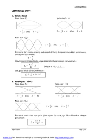 Gelombang Mekanik 
GELOMBANG BUNYI 
A. Senar / Dawai 
Nada dasar (fo) : Nada atas 1 ( f1) 
ଶ ߣ atau ߣ = 2 ݈ ݈ = ଶ 
݈ = ଵ 
Nada atas 2 (f2) 
ଶ ߣ = ߣ atau ߣ = ݈ 
݈ = ଷ 
ଶ ߣ atau ߣ = ଶ 
ଷ ݈ 
Frekwensi dari masing–masing nada dapat dihitung dengan memasukkan persamaan ⋋ 
diatas pada persamaan : 
݂ = 
ݒ 
ߣ 
Atau Frekwensi nada atas ke ݊ juga dapat ditentukan dengan rumus umum : 
݂௡ = 
݊ + 1 
2݈ 
. ݒ Dengan ݊ = 0, 1, 2, 3, …… 
Jadi, pada dawai berlaku hubungan : 
݂௢: ݂ଵ: ݂ଶ = 1 ∶ 2 ∶ 3 
B. Pipa Organa Terbuka 
Nada dasar (fo) : Nada atas 1 ( f1) 
݈ = ଵ 
ଶ ߣ atau ߣ = 2 ݈ ݈ = ଶ 
ଶ ߣ atau ߣ = ݈ 
Nada atas 2 (f2) 
݈ = ଷ 
ଶ ߣ atau ߣ = ଶ 
ଷ ݈ 
Frekwensi nada atas ke ݊ pada pipa organa terbuka juga bisa ditentukan dengan 
persamaan : 
݂௡ = 
݊ + 1 
2݈ 
. ݒ 
Bayu Adipura Page | 11 
Create PDF files without this message by purchasing novaPDF printer (http://www.novapdf.com) 
 