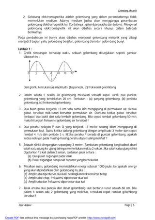 Gelombang Mekanik 
2. Gelobang elektromagnetika adalah gelombang yang dalam perambatannya tidak 
memerlukan medium. Adanya medium justru akan mengganggu perambatan 
gelombang elektromagnetik ini. Contohnya : gelombang radio dan televisi. Mengenai 
gelombang elektromagnetik ini akan dibahas secara khusus dalam bab-bab 
berikutnya. 
Pada pembahasan ini hanya akan dibahas mengenai gelombang mekanik yang dibagi 
menjadi 3 bagian yaitu gelombang berjalan, gelombang diam dan gelombang bunyi. 
Latihan 1 : 
1. Grafik simpangan terhadap waktu sebuah gelombang ditunjukkan seperti gambar 
dibawah ini : 
0 2 4 6 8 10 12 
Dari grafik, tentukan (a) amplitudo, (b) perioda, (c) frekwensi gelombang 
2. Dalam waktu 5 sekon 20 gelombang melewati sebuah kapal. Jarak dua puncak 
gelombang yang berdekatan 20 cm. Tentukan : (a) panjang gelombang, (b) perioda 
gelombang, (c) frekwensi gelombang. 
3. Dua buah gabus berjarak 15 cm satu sama lain mengapung di permukaan air. Kedua 
gabus tersebut naik-turun bersama permukaan air. Diantara kedua gabus tersebut 
terdapat dua bukit dan satu lembah gelombang. Bila cepat rambat gelombang 50 m/s 
maka hitunglah frekwensi gelombang air tersebut ! 
4. Dua perahu nelayan P dan Q yang berjarak 18 meter sedang diam mengapung di 
permukaan laut. Suatu ketika datang gelombang dengan amplitudo 3 meter dan cepat 
rambat 4 m/s dan periode 3 s. KEtika perahu P berada di puncak gelombang, apakah 
kedua nelayan pada masing-masing perahu dapat saling melihat ? 
5. Sebuah slinki diregangkan sepanjang 3 meter. Rambatan gelombang longitudinal daari 
salah satu ujung ke ujung lainnya memerlukan waktu 2 sekon. Jika salah satu ujung slinki 
digetarkan 15 kali dalam 2 sekon, tentukan jarak antara : 
(a) Dua pusat regangan pada slinki 
(b) Pusat ragangan dan pusat rapatan yang berdekatan 
6. Misalkan suatu gelombang memindahkan energi sebesar 1000 joule, berapakah energy 
yang akan dipindahkan oleh gelombang itu jika : 
(a) Amplitudo diperbesar dua kali, sedangkan frekwensinya tetap 
(b) Amplitudo tetap, frekwensi diperbesar dua kali 
(c) Amplitudo dan frekwensi diperbesar dua kali 
7. Jarak antara dua puncak dan dasar gelombang laut berturut-turut adalah 60 cm. Bila 
dalam 4 sekon ada 2 gelombang yang melintas, tentukan cepat rambat gelombang 
tersebut ! 
Bayu Adipura Page | 5 
Create PDF files without this message by purchasing novaPDF printer (http://www.novapdf.com) 
 