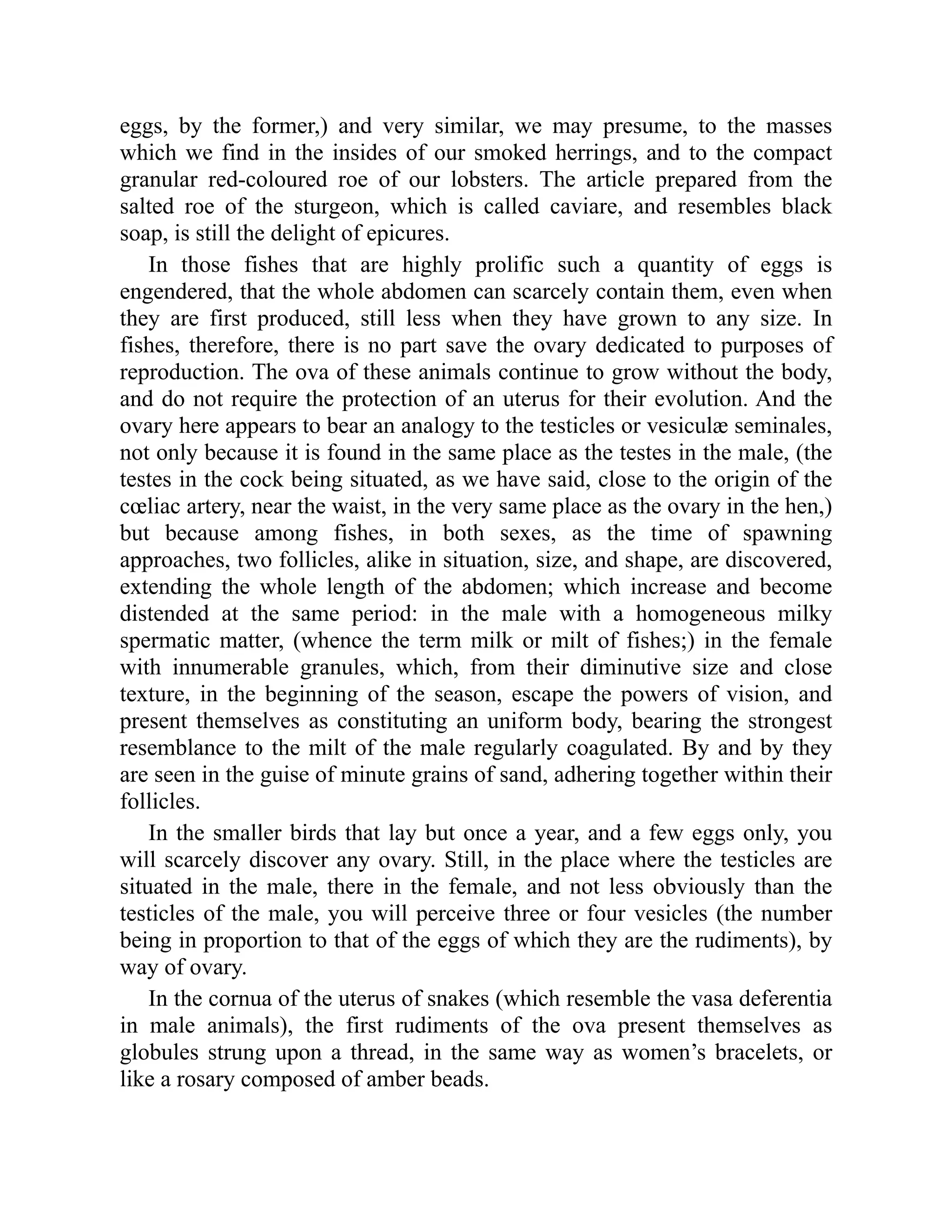 eggs, by the former,) and very similar, we may presume, to the masses
which we find in the insides of our smoked herrings, and to the compact
granular red-coloured roe of our lobsters. The article prepared from the
salted roe of the sturgeon, which is called caviare, and resembles black
soap, is still the delight of epicures.
In those fishes that are highly prolific such a quantity of eggs is
engendered, that the whole abdomen can scarcely contain them, even when
they are first produced, still less when they have grown to any size. In
fishes, therefore, there is no part save the ovary dedicated to purposes of
reproduction. The ova of these animals continue to grow without the body,
and do not require the protection of an uterus for their evolution. And the
ovary here appears to bear an analogy to the testicles or vesiculæ seminales,
not only because it is found in the same place as the testes in the male, (the
testes in the cock being situated, as we have said, close to the origin of the
cœliac artery, near the waist, in the very same place as the ovary in the hen,)
but because among fishes, in both sexes, as the time of spawning
approaches, two follicles, alike in situation, size, and shape, are discovered,
extending the whole length of the abdomen; which increase and become
distended at the same period: in the male with a homogeneous milky
spermatic matter, (whence the term milk or milt of fishes;) in the female
with innumerable granules, which, from their diminutive size and close
texture, in the beginning of the season, escape the powers of vision, and
present themselves as constituting an uniform body, bearing the strongest
resemblance to the milt of the male regularly coagulated. By and by they
are seen in the guise of minute grains of sand, adhering together within their
follicles.
In the smaller birds that lay but once a year, and a few eggs only, you
will scarcely discover any ovary. Still, in the place where the testicles are
situated in the male, there in the female, and not less obviously than the
testicles of the male, you will perceive three or four vesicles (the number
being in proportion to that of the eggs of which they are the rudiments), by
way of ovary.
In the cornua of the uterus of snakes (which resemble the vasa deferentia
in male animals), the first rudiments of the ova present themselves as
globules strung upon a thread, in the same way as women’s bracelets, or
like a rosary composed of amber beads.
 