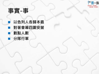 事實-事 
 以色列人各歸本纛 
 對著會幕四圍安營 
 數點人數 
 分隊行軍 
 