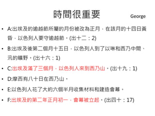 時間很重要George 
• A:出埃及的逾越節所屬的月份被改為正月，在該月的十四日黃 
昏，以色列人要守逾越節。(出十二：2) 
• B:出埃及後第二個月十五日，以色列人到了以琳和西乃中間、 
汛的曠野。(出十六：1) 
• C:出埃及滿了三個月，以色列人來到西乃山。(出十九：1) 
• D:摩西有八十日在西乃山。 
• E:以色列人花了大約六個半月收集材料和建造會幕。 
• F:出埃及的第二年正月初一，會幕被立起。(出四十：17) 
 
