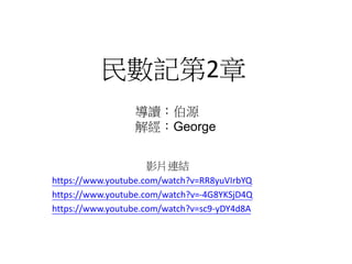 民數記第2章 
導讀：伯源 
解經：George 
影片連結 
https://www.youtube.com/watch?v=RR8yuVIrbYQ 
https://www.youtube.com/watch?v=-4G8YKSjD4Q 
https://www.youtube.com/watch?v=sc9-yDY4d8A 
 