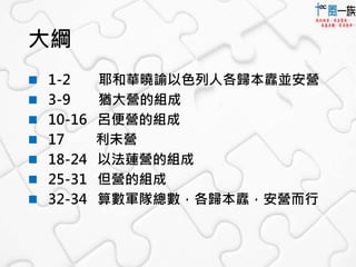 大綱 
 1-2 耶和華曉諭以色列人各歸本纛並安營 
 3-9 猶大營的組成 
 10-16 呂便營的組成 
 17 利未營 
 18-24 以法蓮營的組成 
 25-31 但營的組成 
 32-34 算數軍隊總數，各歸本纛，安營而行 
 