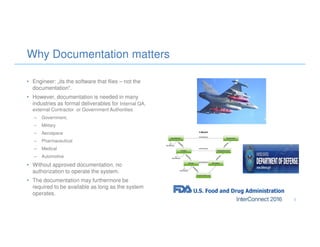 • Engineer: „its the software that flies – not the
documentation“.
• However, documentation is needed in many
industries as formal deliverables for Internal QA,
external Contractor or Government Authorities
– Government,
– Military
– Aerospace
– Pharmaceutical
– Medical
– Automotive
• Without approved documentation, no
authorization to operate the system.
• The documentation may furthermore be
required to be available as long as the system
operates.
Why Documentation matters
5
 