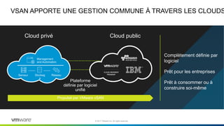 Cloud privé Cloud public
Plateforme
définie par logiciel
unifié
VSAN APPORTE UNE GESTION COMMUNE À TRAVERS LES CLOUDS
Complètement définie par
logiciel
Prêt pour les entreprises
Prêt à consommer ou à
construire soi-même
© 2017 VMware Inc. All rights reserved.
Stockag
e
Serveur Réseau
Management
and Automation
Propulsé par VMware vSAN
 