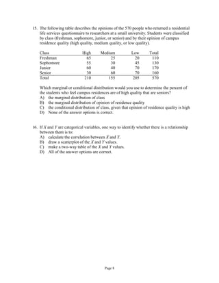Page 8
15. The following table describes the opinions of the 570 people who returned a residential
life services questionnaire to researchers at a small university. Students were classified
by class (freshman, sophomore, junior, or senior) and by their opinion of campus
residence quality (high quality, medium quality, or low quality).
Class High Medium Low Total
Freshman 65 25 20 110
Sophomore 55 30 45 130
Junior 60 40 70 170
Senior 30 60 70 160
Total 210 155 205 570
Which marginal or conditional distribution would you use to determine the percent of
the students who feel campus residences are of high quality that are seniors?
A) the marginal distribution of class
B) the marginal distribution of opinion of residence quality
C) the conditional distribution of class, given that opinion of residence quality is high
D) None of the answer options is correct.
16. If X and Y are categorical variables, one way to identify whether there is a relationship
between them is to:
A) calculate the correlation between X and Y.
B) draw a scatterplot of the X and Y values.
C) make a two-way table of the X and Y values.
D) All of the answer options are correct.
 
