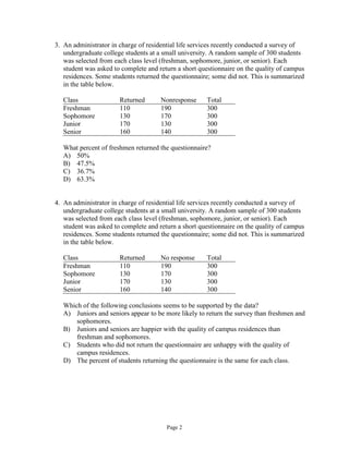 Page 2
3. An administrator in charge of residential life services recently conducted a survey of
undergraduate college students at a small university. A random sample of 300 students
was selected from each class level (freshman, sophomore, junior, or senior). Each
student was asked to complete and return a short questionnaire on the quality of campus
residences. Some students returned the questionnaire; some did not. This is summarized
in the table below.
Class Returned Nonresponse Total
Freshman 110 190 300
Sophomore 130 170 300
Junior 170 130 300
Senior 160 140 300
What percent of freshmen returned the questionnaire?
A) 50%
B) 47.5%
C) 36.7%
D) 63.3%
4. An administrator in charge of residential life services recently conducted a survey of
undergraduate college students at a small university. A random sample of 300 students
was selected from each class level (freshman, sophomore, junior, or senior). Each
student was asked to complete and return a short questionnaire on the quality of campus
residences. Some students returned the questionnaire; some did not. This is summarized
in the table below.
Class Returned No response Total
Freshman 110 190 300
Sophomore 130 170 300
Junior 170 130 300
Senior 160 140 300
Which of the following conclusions seems to be supported by the data?
A) Juniors and seniors appear to be more likely to return the survey than freshmen and
sophomores.
B) Juniors and seniors are happier with the quality of campus residences than
freshman and sophomores.
C) Students who did not return the questionnaire are unhappy with the quality of
campus residences.
D) The percent of students returning the questionnaire is the same for each class.
 