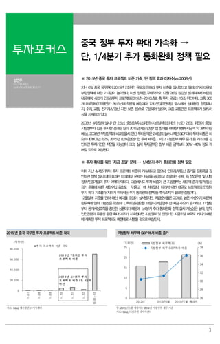 3
투자포커스
중국 정부 투자 확대 가속화 →
단, 1/4분기 추가 통화완화 정책 필요
성연주
02.769.3805
cyanzhou@daishin.com
※ 2015년 중국 투자 프로젝트 비준 가속, 단 정책 효과 미지수(vs 2008년)
지난 6일 중국 국무원이 2015년 7조위안 규모의 인프라 투자 비준을 실시했다고 알려지면서 대규모
부양정책에 대한 기대감이 높아졌다. 이번 정책은 구체적으로 12월 26일 절강성 발개위에서 비준된
내용이며, 420개 인프라투자 프로젝트(2015년~2016년)로 총 투자 규모는 10조 위안이다. 그중 300
개 프로젝트(7조위안)가 2015년에 착공될 예정이다. 7개 산업(IT전력망, 헬스케어, 생태환경, 청정에너
지, 수리, 교통, 전기가스/광산 자원 보존 등)으로 구분되어 있으며, 그중 교통관련 프로젝트가 50%이
상을 차지하고 있다.
2008년 부양정책(실시기간 2.5년, 중앙정부[4조위안]+지방정부[9조위안] 1년간 2.6조 위안)이 중앙/
지방정부가 집중 투자한 것과는 달리 2015년에는 민영기업 참여를 확대한다면(투자금액 약 30%이상
예상), 2008년 부양정책과 비교했을시 연간 투자금액은 2배정도 늘어나지만 GDP대비 투자 비중은 비
슷하다(2008년 8.2%, 2015년 8.5%[민영기업 투자 제외]). 그리고 지방정부 채무 증가 등 리스크를 감
안하면 투자기간은 지연될 가능성이 크고, 실제 투자금액은 정부 비준 금액보다 30%~40% 정도 적
어질 것으로 예상된다.
※ 투자 확대를 위한 ‘자금 조달’ 문제 → 1/4분기 추가 통화완화 정책 필요
이미 지난 4/4분기부터 투자 프로젝트 비준이 가속화되고 있으나, 인프라/부동산 증가율 둔화폭을 감
안하면 정책 실시 대비 효과는 미미하다. 문제는 자금을 공급하고 조달하는 주체, 즉 상업은행 및 지방
정부/민영기업의 투자 여력이 약하다. 그중에서도 투자 비중이 큰 지방정부는 채무액 증가 및 부동산
경기 둔화에 따른 재정수입 감소로 ‘이중고’에 처해있다. 따라서 이번 대규모 프로젝트의 안정적
투자 확대 기조를 유지하기 위해서는 추가 통화완화 정책 등 후속조치가 필요한 상황이다.
12월말에 지준율 인하 대신 예대율 조정이 실시됐지만, 지급준비율은 20%로 높은 수준이기 때문에
한두차례 인하 가능성은 유효하다. 특히 춘절(2월 18일~24일)연후 전 자금 수요가 증가하고, 11월말
부터 공개시장조작을 중단한 상황이기 때문에 1/4분기 추가 통화완화 정책 실시 가능성은 높다. 만약
인민은행의 유동성 공급 확대 기조가 지속된다면 지방정부 및 민영기업 자금조달 여력도 커지기 때문
에 계획된 투자 프로젝트도 예정대로 시행될 것으로 예상된다.
2015 년 중국 국무원 투자 프로젝트 비준 확대 지방정부 채무액 GDP 에서 비중 증가
0
20,000
40,000
60,000
80,000
14.07
14.08
14.09
14.10
14.11
14.12
15.01~12
투자 프로젝트 비준 규모
(억위안)
2014년 4/4분기 투자
프로젝트 비준 1조 4천억
위안
2015년 7조위안 투자
프로젝트 비준
26
28
30
32
34
36
38
0
5
10
15
20
25
2012년 2013년6월 2015년1월 예상치
지방정부 채무액(좌)
지방정부 채무 GDP에서 비중
(조위안) (%)
자료: Wind, 대신증권 리서치센터 주: 2015년 1월 예상치는 2014년 지방정부 채무 기준
자료: Wind, 대신증권 리서치센터
 