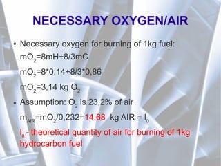 NECESSARY OXYGEN/AIR
● Necessary oxygen for burning of 1kg fuel:
mO2
=8mH+8/3mC
mO2
=8*0,14+8/3*0,86
mO2
=3,14 kg O2
● Assumption: O2
is 23,2% of air
mAIR
=mO2
/0,232=14,68 kg AIR = l0
l0
- theoretical quantity of air for burning of 1kg
hydrocarbon fuel
 
