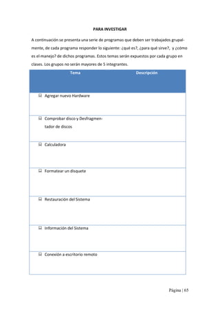PARA INVESTIGAR 
A continuación se presenta una serie de programas que deben ser trabajados grupal‐ 
mente, de cada programa responder lo siguiente: ¿qué es?, ¿para qué sirve?,  y ¿cómo 
es el manejo? de dichos programas. Estos temas serán expuestos por cada grupo en 
clases. Los grupos no serán mayores de 5 integrantes. 
Tema 

Descripción 

:  Agregar nuevo Hardware 

:  Comprobar disco y Desfragmen‐ 
tador de discos 

:  Calculadora 

:  Formatear un disquete 

:  Restauración del Sistema 

:  Información del Sistema 

:  Conexión a escritorio remoto

Página | 65 

 