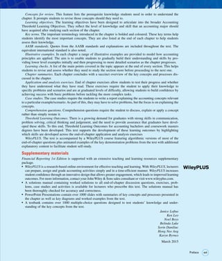 xvii
xvii
Preface
Concepts for review. This feature lists the prerequisite knowledge students need in order to understand the
chapter. It prompts students to revise those concepts should they need to.
Learning objectives. The learning objectives have been designed to articulate into the broader Accounting
Threshold Learning Objectives. They reflect the level of knowledge and skill that an accounting major should
have acquired after studying each section of the chapter.
Key terms. The important terminology introduced in the chapter is bolded and coloured. These key terms help
students identify the most important concepts. They are also listed at the end of each chapter to help students
assess their knowledge.
AASB standards. Quotes from the AASB standards and explanations are included throughout the text. The
equivalent international standard is also noted.
Illustrative examples. In each chapter a range of illustrative examples are provided to model how accounting
principles are applied. The aim is to enable students to gradually build their understanding and skills by pro-
viding lower level examples initially and then progressing to more detailed scenarios as the chapter progresses.
Learning checks. A list of the main points covered in the topic appears at the end of every section. This helps
students to revise and assess whether they need to study the section more before proceeding to the next one.
Chapter summaries. Each chapter concludes with a succinct overview of the key concepts and processes dis-
cussed in the chapter.
Application and analysis exercises. End of chapter exercises allow students to test their progress and whether
they have understood what they have read. These exercises require the student to apply their knowledge to
specific problems and scenarios and are at graduated levels of difficulty, allowing students to build confidence by
achieving success with basic problems before tackling the more complex tasks.
Case studies. The case studies require the students to write a report explaining the accounting concepts relevant
to a particular example/scenario. As part of this, they may have to solve problems, but the focus is on explaining the
concepts.
Comprehension questions. Comprehension questions require the student to discuss, explain or apply a concept
rather than simply restate it.
Threshold Learning Outcomes. There is a growing demand for graduates with strong skills in communication,
problem solving, critical thinking and judgement, and the need to provide assurance that graduates have devel-
oped these skills. To this end, Threshold Learning Outcomes for accounting bachelors and coursework masters
degrees have been developed. This text supports the development of these learning outcomes by highlighting
which skills are developed across the end-of-chapter application and analysis exercises
WileyPLUS. The text is accompanied by a WileyPLUS course featuring algorithmic versions of most of the
end-of-chapter questions plus animated examples of the key demonstration problems from the text with additional
explanatory content to facilitate student self-study.
Supplementary materials
Financial Reporting 1st Edition is supported with an extensive teaching and learning resources supplementary
package.
•
• WileyPLUS is a research-based online environment for effective teaching and learning. With WileyPLUS, lecturers
can prepare, assign and grade accounting activities simply and in a time-efficient manner. WileyPLUS increases
student confidence through an innovative design that allows greater engagement, which leads to improved learning
outcomes. For more information, contact your John Wiley  Sons sales consultant or visit www.wileyplus.com.
•
• A solutions manual containing worked solutions to all end-of-chapter discussion questions, exercises, prob-
lems, case studies and activities is available for lecturers who prescribe this text. The solutions manual has
been thoroughly checked for accuracy and correctness.
•
• PowerPoint Presentations contain over 1000 slides with summaries of key concepts and processes presented in
the chapter as well as key diagrams and worked examples from the text.
•
• A testbank contains over 1000 multiple-choice questions designed to test students’ knowledge and under-
standing of the key concepts from the text.
Janice Loftus
Ken Leo
Noel Boys
Belinda Luke
Sorin Daniliuc
Hong Nee Ang
Karyn Byrnes
March 2015
 