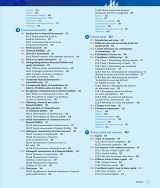 ix
Contents ix
Summary 304
Glossary 305
Demonstration problems 305
Comprehension questions 312
Case studies 312
Application and analysis exercises 313
References 319
11 Financial instruments 321
11.1 Introduction to financial instruments 322
11.1.1 Transactions that result in
financial instruments 322
11.1.2 Transactions that do not result
in financial instruments 322
11.2 Financial assets 323
11.3 Financial liabilities 324
11.4 Derivative instruments 325
11.4.1 Hybrid contracts with embedded derivatives 326
11.5 What is an equity instrument? 327
11.6 Distinguishing between financial liabilities and
equity instruments 328
11.6.1 Ordinary shares and preference shares 328
11.6.2 Contingent settlement provisions 329
11.6.3 Contracts involving a company’s
own equity instruments 329
11.7 Compound financial instruments —
convertible notes 331
11.8 Consequential effects of classifications for
interest, dividends, gains and losses 332
11.9 Recognition of financial asset or financial liability 333
11.9.1 Subject to contractual provisions 333
11.9.2 Recognition of regular way purchases
or sales of a financial asset 333
11.10 Offsetting a financial asset and a
financial liability 334
11.11 Derecognition of a financial asset
or a financial liability 335
11.11.1 Derecognition of financial asset 335
11.11.2 Derecognition of financial liability 335
11.12 Initial measurement of a financial asset or a
financial liability 337
11.12.1 Initial measurement of financial asset 337
11.12.2 Initial measurement of financial liability 338
11.13 Subsequent measurement of a financial asset 339
11.13.1 Summary of requirements 339
11.13.2 Measurement of financial
assets at amortised cost 340
11.13.3 Measurement of financial assets at
fair value 341
11.13.4 Reclassification of financial assets 343
11.14 Subsequent measurement of a financial liability 343
11.14.1 Summary of requirements 343
11.14.2 Measurement of financial
liabilities at amortised cost 344
11.14.3 Measurement of financial
liabilities at fair value 345
11.15 Disclosures 346
11.15.1 Significance of financial instruments to financial
position/performance 346
11.15.2 Risks arising from financial
instruments and their management 349
Summary 350
Glossary 351
Demonstration problems 352
Comprehension questions 355
Case studies 356
Application and analysis exercises 357
References 360
12 Income taxes 361
12.1 Introduction and scope 362
12.2 Differences between accounting profit and
taxable profit 363
12.3 Current and future tax consequences
of transactions 364
12.4 Calculation of current tax 365
12.5 Calculation of deferred tax 370
12.5.1 Step 1: Determining carrying amounts 371
12.5.2 Step 2: Determining tax bases 371
12.5.3 Step 3: Determining and classifying
temporary differences 375
12.5.4 Step 4(a): Determining the closing balances of
deferred tax assets and deferred tax liabilities 377
12.5.5 Step 4(b): Determining the movement
in deferred tax asset and deferred
tax liability accounts 378
12.5.6 Step 4(c): Determining the deferred
tax adjustment entry 378
12.5.7 Recognition criteria for deferred
tax assets and liabilities 378
12.5.8 Other movements in deferred tax
accounts in the current period 379
12.5.9 Offsetting tax assets and liabilities 380
12.6 Changes in tax rates 381
12.7 Disclosure requirements 382
Summary 385
Glossary 385
Demonstration problem 385
Comprehension questions 390
Case studies 390
Application and analysis exercises 392
Reference 401
13 Share capital and reserves 403
13.1 Equity 404
13.2 Types of companies 405
13.2.1 Not-for-profit companies 405
13.2.2 For-profit companies 405
13.3 Key features of the corporate structure 407
13.3.1 The use of share capital 407
13.3.2 Limited liability 407
13.3.3 Par value and no-par value shares 408
13.4 Different forms of share capital 408
13.4.1 Ordinary shares 408
13.4.2 Preference shares 409
13.5 Contributed equity: issue of share capital 411
13.5.1 Issue of shares 411
13.5.2 Oversubscriptions 414
 