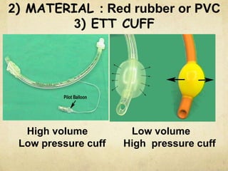 2) MATERIAL : Red rubber or PVC
3) ETT CUFF
High volume
Low pressure cuff
Low volume
High pressure cuff
 