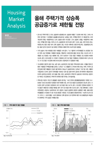 3
Housing
Market
Analysis
올해 주택가격 상승폭
공급증가로 제한될 전망
황규완
02.769.3090
gwhwang@daishin.com
 2014년 주택가격은 2.10% 상승하여 보합세(0.4% 상승)에 머물던 ’13년에 비해 개선. 그러나 여
전히 장기(’86~’13년)평균 상승률(3.6%)보다는 낮았음. 또한, 지역별 편차가 커 체감경기는 크게
개선되지 못함. 지방광역시는 3.5% 상승한 반면 수도권은 1.3% 상승에 그쳤음. 지방광역시 내에
서도 지역별 편차 컸음. 대구는 8.1% 상승했으며 대구수성의 경우 13.0% 상승. 반면 부산(1.8%),
대전(0.4%) 등은 보합 내지 소폭 상승에 그침. 수도권 내에서는 용인수지(5.9%), 성남분당(4.2%)
등 서울 인근의 인프라가 잘 갖춰진 지역에서 매매가격이 비교적 많이 올랐음.
 가격 상승이 기대 이하였던 반면 거래량은 크게 증가. ’14.11월까지 누적거래량은 91.4만호로 ’06
년 이후 사상 두번째로 거래량이 많았음. 연말까지 100만건에 달할 것으로 추정. 수도권 누적 거
래량은 42.1만호로 사상 네번째 수준. 과거 5년(’09~’13년) 평균 거래량인 30.1만호에 비하면
33.9% 증가. 비수도권은 51.1만호가 거래되어 과거 5년 평균 거래량(45.1만호)에 비해 13.5% 증
가. 이 기간 동안 수도권에 비해 비수도권의 시장여건이 더 양호했기 때문.
 거시경제의 점진적 성장 지속, 낮은 금리, 심리여건의 개선 등은 주택시장의 호재. 12월말 현재 은
행권 가중평균 주택담보대출 금리는 3.3%로 ’13.12월말의 3.74%에 비해 44bp 하락. 미국의 금
리인상에 따른 대출금리 인상이 불가피하나 50bp가 상승하더라도 3.8%로 ’13년 말 수준. 대출의
기준금리인 COFIX 금리가 하락세를 지속하고 있어 올 상반기까지 금리의 추가하락이 예상되므로
미국의 금리인상 충격은 크지 않을 전망. 또한, 심리여건이 주택가격 상승으로 이어지지는 않았지
만 적어도 수도권에서도 주택가격 하락에 대한 우려는 크게 불식됨.
 주택시장 개선의 가장 큰 걸림돌은 공급의 증가임. ’14년 전국의 분양물량(일반분양 기준)은 24.1
만호로 ’03년 26.0만호가 분양된 이래 두번째 수준. 과거 5년 평균(15.0만호)보다 60.0% 증가. 수
도권의 경우 6.2만호가 분양되어 과거 5년 평균 대비 34.7% 증가. 수도권은 인천에서 분양이 거
의 없었기 때문으로 인천을 제외할 경우 과거 5년 평균 대비 54.5% 증가. 시장 회복세로 그 동안
지연되었던 사업지나 상대적으로 저가 분양이 가능한 공공택지 분양이 급증했기 때문. 올해 분양
추정물량은 31만호로 이 중 수도권 분양은 18만호. 이 중 절반만 분양되더라도 ’14년의 45.2% 증
가. 더구나 1, 2순위 통합, 1순위 회복속도 단축 등으로 신규 청약에 대한 수요 쏠림현상이 예상되
어 전체적인 가격 상승은 저해될 전망
그림 1. 주택 매매가격 월간 변동률 그림 2. 월간 주택 매매거래량
-0.4
0.0
0.4
0.8
'13 '14
전국
수도권
지방광역시
(전월비/%)
-100
-50
0
50
100
150
0
2
4
6
8
10
12
14
'12 '13 '14
수도권
지방광역시
기타
전년동월비(우축)
(만호) (%)
자료: KB국민은행 자료: 국토교통부
 