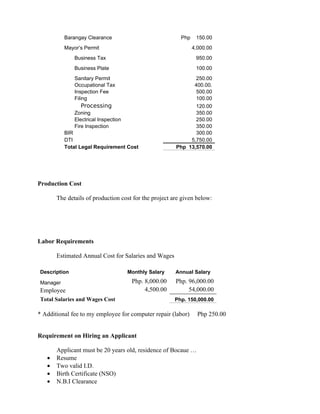 Barangay Clearance                             Php    150.00
          Mayor’s Permit                                       4,000.00
              Business Tax                                      950.00
              Business Plate                                    100.00
              Sanitary Permit                                 250.00
              Occupational Tax                               400.00.
              Inspection Fee                                  500.00
              Filing                                          100.00
                Processing                                    120.00
              Zoning                                          350.00
              Electrical Inspection                           250.00
              Fire Inspection                                 350.00
          BIR                                                 300.00
          DTI                                               5,750.00
          Total Legal Requirement Cost                 Php 13,570.00




Production Cost

       The details of production cost for the project are given below:




Labor Requirements

       Estimated Annual Cost for Salaries and Wages

Description                           Monthly Salary   Annual Salary

Manager                                Php. 8,000.00   Php. 96,000.00
Employee                                    4,500.00        54,000.00
Total Salaries and Wages Cost                          Php. 150,000.00

* Additional fee to my employee for computer repair (labor)      Php 250.00


Requirement on Hiring an Applicant

       Applicant must be 20 years old, residence of Bocaue …
   •   Resume
   •   Two valid I.D.
   •   Birth Certificate (NSO)
   •   N.B.I Clearance
 