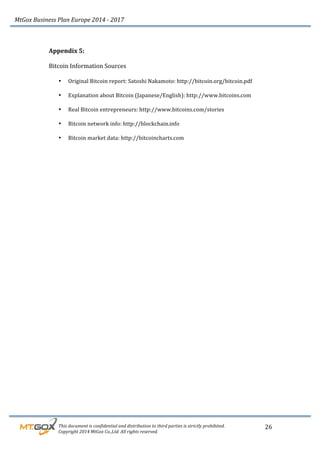 MtGox%Business%Plan%Europe%2014%F%2017%
%%%%%%%%%This%document%is%confidential%and%distribution%to%third%parties%is%strictly%prohibited.%%
%%%%%%%%%Copyright%2014%MtGox%Co.,Ltd.%All%rights%reserved.%
26!
! !
Appendix!5:!!
!
Bitcoin!Information!Sources!!
!
• Original!Bitcoin!report:!Satoshi!Nakamoto:!http://bitcoin.org/bitcoin.pdf!!
!
• Explanation!about!Bitcoin!(Japanese/English):!http://www.bitcoins.com!!
!
• Real!Bitcoin!entrepreneurs:!http://www.bitcoins.com/stories!!
!
• Bitcoin!network!info:!http://blockchain.info!
!
• Bitcoin!market!data:!http://bitcoincharts.com!
!
 