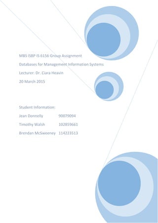 MBS ISBP IS 6156 Group Assignment
Databases for Management Information Systems
Lecturer: Dr. Ciara Heavin
20 March 2015
Student Information:
Jean Donnelly 90079094
Timothy Walsh 102859661
Brendan McSweeney 114223513
 