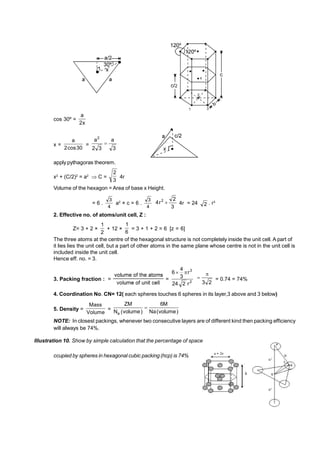 cos 30º =
x
2
a
x =
30
cos
2
a
=
3
a
3
2
a2

apply pythagoras theorem.
x2
+ (C/2)2
= a2
 C =
3
2
4r
Volume of the hexagon = Area of base x Height.
= 6 .
4
3
a2
× c = 6 .
4
3
3
2
r
4 2
 4r = 24 2 . r3
2. Effective no. of atoms/unit cell, Z :
Z= 3 + 2 ×
2
1
+ 12 ×
6
1
= 3 + 1 + 2 = 6 [z = 6]
The three atoms at the centre of the hexagonal structure is not completely inside the unit cell. A part of
it lies lies the unit cell, but a part of other atoms in the same plane whose centre is not in the unit cell is
included inside the unit cell.
Hence eff. no. = 3.
3. Packing fraction : = = 2
3
r
2
24
r
3
4
6 

2
3

 = 0.74 = 74%
4. Coordination No. CN= 12( each spheres touches 6 spheres in its layer,3 above and 3 below)
5. Density =
Volume
Mass
= )
volume
(
Na
M
6
)
volume
(
N
ZM
a

NOTE: In closest packings, whenever two consecutive layers are of different kind then packing efficiency
will always be 74%.
Illustration 10. Show by simple calculation that the percentage of space
ccupied by spheres in hexagonal cubic packing (hcp) is 74%
 