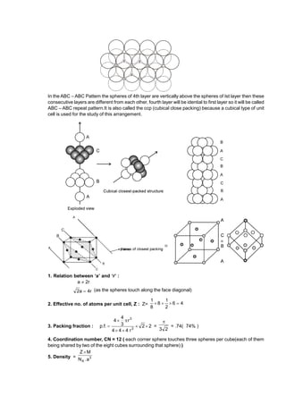 a a
a
b
b b
b
b
In the ABC – ABC Pattem the spheres of 4th layer are vertically above the spheres of Ist layer then these
consecutive layers are different from each other, fourth layer will be idential to first layer so it will be called
ABC – ABC repeat pattern.It is also called the ccp (cubical close packing) because a cubical type of unit
cell is used for the study of this arrangement.
1. Relation between ‘a’ and ‘r’ :
a  2r
r
4
a
2  (as the spheres touch along the face diagonal)
2. Effective no. of atoms per unit cell, Z : Z= 4
6
2
1
8
8
1




3. Packing fraction : p.f. 2
2
r
4
4
4
r
3
4
4
3
3






 =
2
3

= .74( 74% )
4. Coordination number, CN = 12 ( each corner sphere touches three spheres per cube(each of them
being shared by two of the eight cubes surrounding that sphere) )
5. Density = 3
A a
.
N
M
Z 
 