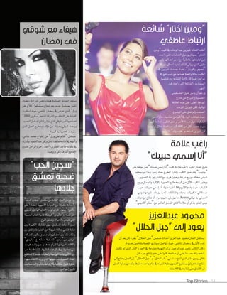 Top Stories 54
‫عالمة‬ ‫راغب‬
”‫حبيبك‬ ‫إسمي‬ ‫“أنا‬
‫عبدالعزيز‬ ‫محمود‬
”‫الحالل‬ ‫“جبل‬ ‫إلى‬ ‫يعود‬
‫على‬‫موقعه‬‫عرب‬”‫حبيبك‬‫إ�سمي‬�‫أنا‬�“‫كليب‬ ‫عالمة‬‫ر�غب‬‫�لكبري‬‫�لفنان‬‫طرح‬
‫مبظهر‬‫فيه‬ �‫وبد‬ ،‫زهر‬ ‫عماد‬ ‫�ملخرج‬ ‫إد�رة‬‫ا‬‫ب‬ ‫�لكليب‬ ‫�سور‬ ‫وقد‬ ”‫“يوتيوب‬
.‫�لت�سوير‬‫يف‬‫�مل�ساركني‬‫مع‬‫فريد‬‫وتعاون‬،‫مرحة‬‫وروح‬‫خمتلف‬‫�سبابي‬
‫وروح‬ ‫و�جلمال‬ ‫إثارة‬‫ل‬�‫و‬ ‫�حليوية‬ ‫طابع‬ ‫ألبومه‬� ‫من‬ ‫أول‬‫ل‬� ‫�لكليب‬ ‫ويظهر‬
‫حبيب‬،‫حبيبك‬‫إ�سمي‬�‫أنا‬�:‫منها‬‫أغنية‬�14 ‫ألبوم‬‫ل‬�‫ي�سم‬‫حيث‬،‫�ل�سباب‬
،‫مه�سومي‬ ‫�سو‬ ،‫روحك‬ ‫حتب‬ ،‫و��ستقتلك‬ ‫بحبك‬ ،‫ذكريات‬ ،‫�سحكاتي‬
،‫دونك‬‫من‬‫�سايع‬‫أنا‬�،‫مرة‬‫مليون‬،‫بهزر�ش‬‫ما‬،Remix‫حياتي‬‫يا‬،‫�ح�سني‬
.”‫أكادميي‬�‫“�ستار‬‫من‬‫�لعا�سر‬‫�ملو�سم‬‫�فتتح‬‫عالمة‬‫أن‬�‫يذكر‬.‫�لعلم‬‫بو�ش‬
‫أن‬�‫بعد‬‫ثان‬‫بجزء‬”‫�حلالل‬‫“جبل‬‫م�سل�سل‬‫أحد�ث‬�‫عبد�لعزيز‬‫حممود‬‫�لفنان‬‫ي�ستكمل‬
.‫جديدة‬‫بتفا�سيل‬‫�لق�سة‬‫�سيناريو‬‫يتو��سل‬‫حيث‬،‫�ملا�سي‬‫رم�سان‬‫يف‬‫أول‬‫ل‬�‫قدم‬
‫تكتمل‬ ‫مل‬ ‫�لذي‬ ‫أول‬‫ل‬� ‫�جلزء‬ ‫يف‬ ‫مفتوحة‬ ‫�لنهاية‬ ‫ترك‬ ‫عبد�لرحمن‬ ‫نا�سر‬ ‫�لكاتب‬ ‫وكان‬
.‫ثان‬‫جزء‬‫إنتاج‬‫ا‬‫ب‬‫علم‬‫على‬�‫كانو‬‫�سانعيه‬‫أن‬�‫يعني‬‫ما‬،‫بعد‬‫�سخ�سياته‬
‫إلى‬�‫يحتاج‬‫�لعمل‬‫إن‬�،”‫�حلالل‬‫“جبل‬‫و‬”‫�خللق‬‫“باب‬‫م�سل�سلي‬‫أنتج‬�‫�لذي‬‫مقار‬‫رميون‬‫وقال‬
‫�لعمل‬ ‫بد�ية‬ ‫من‬ ‫أنه‬‫ا‬‫ب‬ ً‫ا‬‫معرتف‬ ،‫و�حد‬ ‫عام‬ ‫يف‬ ‫تنفيذه‬ ‫عليه‬ ‫ّمون‬‫ي‬‫�لق‬ ‫ي�ستطيع‬ ‫ولن‬ ‫�سخم‬ ‫إنتاج‬�
.‫حلقة‬60 ‫يف‬‫إنتاجه‬�‫على‬‫�لتفاق‬‫مت‬
‫“ومني‬‫كليب‬‫يف‬‫عبد�لوهاب‬‫�سريين‬‫�لفنانة‬‫أطلت‬�
‫ر�جت‬‫�لتي‬‫�ل�سائعات‬‫حول‬‫ب�سيناريو‬”‫�ختار‬
‫يا�سر‬‫أعمالها‬�‫مدير‬‫مع‬ ً‫ا‬‫عاطفي‬‫�رتباطها‬‫عن‬
‫�سركة‬ ‫أعمال‬�‫إد�رة‬�‫كذلك‬‫يتويل‬‫�لذي‬‫خليل‬
‫يف‬ ‫�سريين‬ ‫ج�سدت‬ ‫حيث‬ ،”‫ريكوردز‬ ‫“جنوم‬
‫يف‬‫تقع‬‫�ساب‬‫مع‬‫تعي�سها‬‫و�قعية‬‫حالة‬‫�لكليب‬
‫تفا�سيل‬‫بني‬‫�لت�سابه‬ ً‫ا‬‫لفت‬‫كان‬‫فيما‬،‫غر�مه‬
‫قبل‬‫ر�جت‬‫�لتي‬‫و�ل�سائعة‬‫�ل�سيناريو‬
.‫أ�سهر‬�
‫�لفل�سطيني‬‫خليل‬‫يا�سر‬‫أن‬�‫ورغم‬
‫خارج‬‫من‬‫و�ملتزوج‬‫�جلن�سية‬
‫�لعالقة‬‫هذه‬‫نفى‬،‫�لفني‬‫�لو�سط‬
‫�لتزمت‬‫�سريين‬‫لكن‬،ً‫ا‬‫نهائي‬
،‫�ملو�سوع‬‫على‬‫تعلق‬‫ومل‬‫�ل�سمت‬
‫من‬‫ز�د‬‫ما‬،‫منا�سبة‬‫من‬‫أكرث‬�‫يف‬‫�لرد‬‫جتاهلت‬‫حيث‬
،ً�‫كبري‬ ً‫ا‬‫جناح‬ ‫�لكليب‬‫وحقق‬.‫أمر‬‫ل‬�‫�سحة‬‫حول‬‫�ل�سكوك‬
،‫�ساعات‬‫خالل‬‫م�ساهدة‬‫ألف‬� 400 ‫من‬‫أكرث‬�‫ح�سد‬‫حيث‬
.‫للرتويج‬ ”‫“في�سبوك‬‫ت�ستخدم‬‫�سريين‬‫أن‬‫ل‬
‫شوقي‬‫مع‬‫هيفاء‬
‫رمضان‬ ‫في‬
‫رم�سان‬ ‫لدر�ما‬ ‫وهبي‬ ‫هيفاء‬ ‫�للبنانية‬ ‫�لفنانة‬ ‫ت�ستعد‬
‫على‬ ‫“كالم‬ ‫م�سل�سلها‬ ‫جناح‬ ‫بعد‬ ‫جديد‬ ‫مب�سل�سل‬ ‫�ملقبل‬
‫��ستقرت‬ ‫حيث‬ ،‫�ملا�سي‬ ‫رم�سان‬ ‫يف‬ ‫عر�ش‬ ‫�لذي‬ ”‫ورق‬
”2000‫“�سكرين‬‫�ملنتجة‬‫�ل�سركة‬‫مع‬‫�لتعاقد‬‫على‬‫�لفنانة‬
.‫�جلديد‬‫�مل�سل�سل‬‫إنتاج‬�‫يتولى‬‫�لذي‬‫�سوقي‬‫أمري‬�‫ل�ساحبها‬
‫�لذي‬ ‫للعمل‬ ‫وخمرج‬ ‫ؤلف‬‫و‬‫م‬ ‫عن‬ ‫وهيفاء‬ ‫�سوقي‬ ‫ويبحث‬
.‫كبرية‬‫ميز�نية‬‫له‬‫�سرت�سد‬
،‫�سامي‬ ‫حممد‬ ‫إخر�ج‬� ‫من‬ ”‫ورق‬ ‫على‬ ‫“كالم‬ ‫م�سل�سل‬
‫و�سارك‬،‫عبد�حلميد‬‫وزكي‬‫كامل‬‫عاطف‬‫إنتاجه‬�‫يف‬‫أ�سهم‬�‫و‬
‫ح�سني‬‫و�لر�حل‬‫ز�هر‬‫أحمد‬�‫و‬‫�مل�سري‬‫ماجد‬‫بطولته‬‫يف‬
.‫وروجينا‬‫زكي‬‫أ�سرف‬�‫و‬‫إمام‬‫ل‬�
‫شائعة‬ ”‫اختار‬ ‫“ومين‬
‫عاطفي‬ ‫ارتباط‬
”‫الحب‬ ‫“سجين‬
‫تعشق‬ ‫ضحية‬
‫جالدها‬
”‫�حلب‬‫“�سجني‬‫م�سل�سل‬‫من‬‫�لثالث‬‫�جلزء‬‫عر�ش‬‫أ‬�‫بد‬
‫على‬ ً�‫�عتماد‬‫آ�سيوية‬‫ل‬�‫�لدر�ما‬‫من‬‫م�سوقة‬‫أحد�ث‬‫ا‬‫ب‬
‫و�ملنطوي‬‫�لهادئ‬‫�ل�ساب‬�‫كوندر‬‫كار�ن‬”‫“�سعود‬:‫عائلتي‬
‫�جلميلة‬‫�ل�سابة‬�‫كامر‬‫كريتيكا‬”‫و“هانيدي‬،‫نف�سه‬‫على‬
.‫�ملرح‬‫وتع�سق‬،‫باحلياة‬‫تنب�ش‬‫�لتي‬
‫بني‬ ‫�لكبرية‬ ‫�ملفارقة‬ ‫حول‬ ‫�مل�سل�سل‬ ‫أحد�ث‬� ‫تدور‬
‫وامللتزمني‬ ‫ال�ضباط‬ ‫من‬ ‫�ضريفة‬ ‫لعائلة‬ ‫تنتمي‬ ‫�ضابة‬
،‫للعد�لة‬‫مطلوب‬‫جمرم‬‫و�لد‬‫أح�سان‬�‫بني‬‫أ‬‫ا‬‫ن�س‬‫و�ساب‬
”‫“هانيدي‬‫مع‬‫ح�سابه‬‫لت�سفية‬”‫“�سعود‬‫ي�سعى‬‫حيث‬
‫فيعمد‬،‫و�لده‬‫ب�سجن‬‫ّها‬‫د‬‫ج‬‫لقيام‬ ‫منها‬‫و�لقت�سا�ش‬
‫حب‬‫ق�سة‬‫أ‬‫ا‬‫تن�س‬‫�لظروف‬‫هذه‬‫ظل‬‫ويف‬،‫خطفها‬‫إلى‬�
‫ت�ستطيع‬‫ل‬‫عندما‬‫و�لعقبات‬‫�ملو�جهة‬‫أ‬�‫وتبد‬‫�لثنني‬‫بني‬
،‫منها‬‫�لنتقام‬‫يريد‬‫�لذي‬‫حبيبها‬‫مع‬‫�لت�سرف‬‫�لفتاة‬
‫�ضاحب‬‫والده‬‫ب�ضاب‬‫باالرتباط‬‫عائلتها‬‫قبول‬‫وفكرة‬
.‫إجر�مي‬�‫تاريخ‬
 