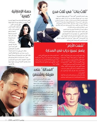 2096 ‫العدد‬ 2014 ‫نوڤمبر‬55
”‫األيام‬ ‫“شفت‬
‫الصدارة‬ ‫في‬ ‫دياب‬ ‫عمرو‬ ‫يضع‬
‫ألبوم‬‫ا‬‫ب‬ ً�‫كبري‬ ً‫ا‬‫جناح‬ ‫دياب‬ ‫عمرو‬ ‫�مل�سري‬ ‫�لنجم‬ ‫حقق‬
‫نفدت‬‫حيث‬،”‫“روتانا‬ ‫�سركة‬ ‫إنتاج‬� ‫من‬ ”‫أيام‬‫ل‬� ‫“�سفت‬
‫�حتلت‬ ‫كما‬ ،‫طرحه‬ ‫من‬ ‫يومني‬ ‫غ�سون‬ ‫يف‬ ‫أولى‬‫ل‬� ‫�لطبعة‬
‫�ملرة‬‫وهي‬،‫�لعاملية‬”‫“بيلبورد‬‫قائمة‬‫�سد�رة‬‫ألبوم‬‫ل‬�‫مبيعات‬
.‫�ملبيعات‬‫بحجم‬‫عربي‬‫ألبوم‬�‫يت�سدرها‬‫�لتي‬‫أولى‬‫ل‬�
،‫جماله‬ ،‫أيام‬‫ل‬� ‫هي:�سفت‬ ‫أغان‬� ‫ع�سر‬ ‫ألبوم‬‫ل‬� ‫ي�سم‬
،‫جديد‬‫م�ش‬،‫ونعي�ش‬،‫أناين‬�‫م�ش‬‫أنا‬�،‫�حلكايات‬‫وحتبتدي‬
‫ثم‬ ،‫�تغريت‬ ‫أيوة‬� ،‫حاجة‬ ‫كل‬ ‫كان‬ ،‫جانا‬ ،‫�لفر�ق‬ ‫�ساعة‬
.‫وعدى‬‫ليل‬‫أهو‬�
،‫أغنية‬�‫�ستا‬‫أحمد‬�‫و‬،‫أغان‬�‫ثماين‬‫ح�سني‬‫تامر‬‫�ل�ساعر‬‫وكتب‬
‫تولى‬‫بينما‬،‫�لنجار‬‫جمدي‬‫�لر�حل‬‫لل�ساعر‬‫أغنيتني‬�‫�سم‬‫كما‬
.‫�لع�سر‬‫أغاين‬‫ل‬�‫توزيع‬‫حقي‬‫وعادل‬‫�لهندي‬‫أ�سامة‬�
‫أغنية‬‫ل‬‫خا�ش‬ ”‫“برومو‬‫عن‬‫دياب‬‫عمرو‬‫ك�سف‬‫أن‬�‫و�سبق‬
‫لبنته‬‫غنى‬‫أن‬�‫بعد‬،‫�ل�سغرى‬‫لبنته‬‫يقدمها‬‫�لتي‬ ”‫“جانا‬
‫ب�سحبته‬‫عبد�هلل‬‫�بنه‬‫ظهر‬‫كما‬،‫�سابق‬‫ألبوم‬�‫يف‬ ”‫“كنزى‬
.”‫“وياه‬‫كليب‬‫يف‬
‫و��سنطن‬‫دينزل‬‫أمريكي‬‫ل‬�‫�ملمثل‬‫يخو�ش‬
،”‫“�لعد�لة‬‫�جلديد‬‫فيلمه‬‫يف‬‫مثرية‬‫مغامر�ت‬
‫باجتهاد‬‫يعمل‬‫متقاعد‬‫ع�سكري‬‫دور‬‫يلعب‬‫حيث‬
‫عما‬‫تختلف‬‫جديدة‬‫بد�ية‬‫تكري�ش‬‫أجل‬�‫من‬
‫عمله‬‫فرتة‬‫خالل‬‫وحتديات‬‫مغامر�ت‬‫من‬‫عا�سه‬
.‫�لر�سمي‬
‫أهم‬�‫من‬ ً�‫و�حد‬‫أ�سمر‬‫ل‬�‫أمريكي‬‫ل‬�‫�لنجم‬‫ويعترب‬
ً‫ا‬‫فر�س‬‫ميتلك‬‫حيث‬،‫هوليوود‬‫يف‬‫�ل�سباك‬‫جنوم‬
.‫�لبي�ش‬‫�لنجوم‬‫كبار‬‫من‬‫لغريه‬‫تتاح‬‫ل‬‫قد‬‫كبرية‬
‫�لذي‬‫فوكيا‬‫أنطو�ن‬�‫إخر�ج‬�‫من‬‫�لفيلم‬
‫و“يوم‬”‫و“�سوتر‬”‫أملبيو�س‬‫ال‬‫ا‬‫“�ضقوط‬‫أخرج‬�
.”‫�لتدريب‬
‫مورتيز‬‫غري�ش‬‫كلوي‬:‫من‬‫كل‬‫دينزل‬‫وي�سارك‬
‫�ل�سرير‬‫بدور‬‫هاربور‬‫وديفيد‬‫كوز�ك‬‫ومارتون‬
‫�لذي‬‫�ل�سفلي‬‫�لعامل‬‫�لفيلم‬‫يف‬‫ير�سد‬‫�لذي‬
‫وينك‬‫ريت�سارد‬‫�لق�سة‬‫كتب‬.‫أمريكا‬�‫تعي�سه‬
.‫�سلو�ن‬‫مايكل‬‫فيها‬‫و�ساركه‬
‫على‬ ”‫“العدالة‬
‫واشنطن‬ ‫طريقة‬
‫�لبحرينية‬‫بطولته‬‫ؤدي‬‫و‬‫ت‬‫�لذي‬”‫بنات‬‫“ثالث‬‫�لجتماعي‬‫�مل�سل�سل‬‫يعتمد‬
‫تتوقف‬‫حيث‬،‫�لعامل‬‫مدن‬‫من‬‫عدد‬‫إلى‬�‫رحالت‬‫جمموعة‬‫على‬،‫�سبت‬‫�سيماء‬
‫�ملخرج‬‫مع‬‫�مل�سل�سل‬‫من‬‫م�ساهد‬‫لت�سوير‬‫عمان‬‫أردنية‬‫ل‬�‫�لعا�سمة‬‫يف‬‫�لفنانة‬
‫و�سمود‬‫�حلربي‬‫إبر�هيم‬�‫�لبطولة‬‫وي�ساركها‬،‫�خلزوز‬‫إياد‬�‫أردين‬‫ل‬�‫و�ملنتج‬
‫من‬‫جالل‬‫أحمد‬�‫و‬‫نور‬‫وحممد‬‫�مل�سري‬‫ودينا‬،‫�لكويت‬‫من‬‫�ل�سيف‬‫وعبد�هلل‬
.‫إمار�ت‬‫ل‬�‫و‬‫لبنان‬‫من‬‫فنانني‬‫إلى‬�‫إ�سافة‬�،‫م�سر‬
‫لت�سوير‬‫جنيف‬‫�ل�سوي�سرية‬‫�لعا�سمة‬‫إلى‬�‫�سيماء‬‫و�ستطري‬
‫�لعا�سمة‬‫يف‬‫�لبقية‬‫ت�ستكمل‬‫فيما‬،‫�مل�سل�سل‬‫م�ساهد‬‫بع�ش‬
‫ب�سع‬‫�خلليجية‬‫�لدر�ما‬‫عن‬‫غيابها‬‫بعد‬،‫أبوظبي‬�‫إمار�تية‬‫ل‬�
‫لتعود‬،‫�لطويلة‬‫عالجه‬‫رحلة‬‫يف‬‫و�لدها‬‫خاللها‬‫ر�فقت‬‫�سنو�ت‬
‫و�ساركها‬،‫�لهو�ري‬‫�سائد‬‫إخر�ج‬�‫من‬”‫جنون‬‫“للحب‬‫مب�سل�سل‬‫�لعام‬�‫هذ‬
.‫و�سمود‬‫مغربي‬‫ومي�ساء‬‫�لنمر‬‫عبد�ملح�سن‬‫�لعمل‬
‫اإلماراتية‬ ‫حصة‬
”‫“كفاية‬
‫�جلديدة‬‫أغنيتها‬�‫ح�سة‬‫إمار�تية‬‫ل‬�‫�لفنانة‬‫أطلقت‬�
ً‫ا‬‫خمتلف‬ ً‫ا‬‫غنائي‬ ً‫ا‬‫منوذج‬ ‫خاللها‬ ‫من‬ ‫وتقدم‬ ”‫“كفاية‬
...‫أولى‬‫ل‬�‫للمرة‬‫فيه‬‫تظهر‬
‫�ل�ساعر‬‫أغنية‬‫ل‬�‫كلمات‬‫كتب‬
،‫�ساملني‬‫حممد‬‫�لبحريني‬
‫إبر�هيم‬�‫وحلنها‬
‫ووزعها‬،‫�لدو�سري‬
‫فيما‬،‫عامر‬‫عارف‬
‫ت�سويرها‬‫جرى‬
‫�لقاهرة‬‫بني‬
،‫و�ملنامة‬‫ودبي‬
‫�ملو�سيقي‬‫إ�سر�ف‬‫ا‬‫ب‬
،‫أ�سدي‬�‫أحمد‬�‫�لفني‬
‫للملحن‬‫�لعام‬‫إ�سر�ف‬‫ل‬�‫و‬
.‫�لفنانة‬‫أعمال‬�‫إد�رة‬�‫يتولى‬‫�لذي‬‫خطاف‬
،‫أغنية‬‫ل‬�‫إطالق‬‫ل‬‫�سعادتها‬‫عن‬‫ح�سة‬‫أعربت‬�‫و‬
ً‫ا‬‫خليجي‬ ً‫ا‬‫مو�سيقي‬ ً‫ا‬‫لون‬‫بتقدميها‬‫�سعيدة‬‫أنها‬�‫ؤكدة‬‫و‬‫م‬
‫عامل‬‫يف‬‫نوعية‬‫نقلة‬‫إحد�ث‬�‫يف‬‫�ساعد‬،ً�‫جديد‬
‫من‬‫وكل‬‫�لعمل‬‫فريق‬‫و�سكرت‬.‫�خلليجية‬‫أغنيات‬‫ل‬�
‫�سوتها‬‫عليها‬‫و�سعت‬‫�لتي‬‫أغنية‬‫ل‬�‫تنفيذ‬‫يف‬‫�سارك‬
.‫�لبحرين‬‫يف‬
‫مدن‬ ‫ثالث‬ ‫في‬ ”‫بنات‬ ‫“ثالث‬
55
 