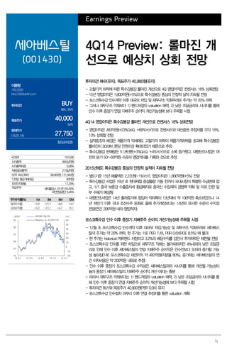 4
Earnings Preview
세아베스틸
(001430)
4Q14 Preview: 롤마진 개
선으로 예상치 상회 전망
이종형
769.3069
jhlee76@daishin.com
투자의견 BUY
매수, 유지
목표주가 40,000
유지
현재주가
(15.01.14) 27,750
철강금속업종
투자의견 매수(유지), 목표주가 40,000원(유지)
- 고철가격 하락에 따른 특수강봉강 롤마진 개선으로 4Q 영업이익은 컨센서스 16% 상회전망
- 15년 영업이익은 1,800억원(+5%)으로 특수강봉강 중심의 안정적 실적 지속될 전망
- 포스코특수강 인수계약 이후 대규모 차입 및 재무구조 악화우려로 주가는 약 20% 하락
- 그러나 재무구조 악화보다 1) 밴드저점의 valuation 매력, 2) 낮은 조달금리와 시너지를 통해
인수 이후 중장기 연결 지배주주 순이익 개선가능성에 보다 주목할 시점
4Q14 영업이익은 특수강봉강 롤마진 개선으로 컨센서스 16% 상회전망
- 영업이익은 483억원(+23%QoQ, +68%YoY)으로 컨센서스와 대신증권 추정치를 각각 16%,
13% 상회할 전망
- 실적호조의 배경은 제품가격 약세에도 고철가격 하락이 제품가격하락을 초과해 특수강봉강
롤마진이 3Q대비 톤당 만원이상 확대되었기 때문으로 추정
- 특수강봉강 판매량은 51.8만톤(+3%QoQ, +4%YoY)으로 소폭 증가했고, 대형단조사업은 여
전히 분기 50~60억원 수준의 영업적자를 기록한 것으로 추정
2015년에도 특수강봉강 중심의 안정적 실적이 지속될 전망
- 별도기준 15년 매출액은 2.2조원(-1%YoY), 영업이익은 1,800억원(+5%) 전망
- 특수강봉강 사업은 16년 초 현대제철 증설물량 가동 전까지 국내시장의 특별한 수급변화 없
고, 1/1 중국 보론강 수출증치세 환급폐지로 중국산 수입재의 경쟁력 약화 및 이로 인한 일
부 수혜가 예상됨
- 대형단조사업은 14년 출하증가에 힘입어 적자폭이 13년대비 약 100억원 축소되었으나 14
년 하반기 이후 국내 조선수주 둔화로 올해 추가개선보다는 14년와 유사한 수준의 수익성
전망(연간 200억원 내외 영업적자)
포스코특수강 인수 이후 중장기 지배주주 순이익 개선가능성에 주목할 시점
- 12월 초 포스코특수강 인수계약 이후 대규모 차입가능성 및 재무구조 악화우려로 세아베스
틸의 주가는 약 20% 하락. 현 주가는 15E PER 7.4X, PBR 0.6X(ROE 8.5%) 에 불과
- 현 주가는 historical PBR밴드 저점이고 3.2%의 배당수익률 감안시 추가하락은 제한될 전망
- 포스코특수강 인수를 위한 차입으로 재무구조 악화는 불가피하지만 4%내외의 낮은 조달금
리로 인해 인수 이후 세아베스틸의 연결 지배주주 순이익은 인수전보다 오히려 증가할 가능
성 높아짐(14E 포스코특수강 세전이익 약 400억원(지분율 80%), 증가하는 세아베스틸의 연
간 이자비용은 약 200억원 내외로 추정)
- 인수 이후 중장기 포스코특수강 수익성은 세아베스틸과의 시너지를 통해 개선될 가능성이
높아 중장기 세아베스틸의 지배주주 순이익 개선 여지는 충분
- 따라서 재무구조 악화보다는 1) 밴드저점의 valuation 매력, 2) 낮은 조달금리와 시너지를 통
해 인수 이후 중장기 연결 지배주주 순이익 개선가능성에 보다 주목할 시점
- 투자의견 BUY와 목표주가 40,000원(PBR 0.9X) 유지
- 포스코특수강 인수절차 마무리 이후 연결 추정치를 통한 valuation 계획
KOSPI 1913.66
시가총액 995십억원
시가총액비중 0.08%
자본금(보통주) 219십억원
52주 최고/최저 38,900원/ 21,500원
120일 평균거래대금 40억원
외국인지분율 17.29%
주요주주 세아홀딩스 외 5인 65.90%
국민연금공단 6.46%
주가수익률(%) 1M 3M 6M 12M
절대수익률 -5.6 -21.7 -8.6 14.2
상대수익률 -5.2 -21.1 -4.7 16.1
-20
-10
0
10
20
30
40
50
60
18
23
28
33
38
43
14.01 14.04 14.07 14.10 15.01
(%)(천원) 세아베스틸(좌)
Relative to KOSPI(우)
 