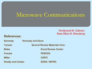 References:
Kennedy Kennedy and Davis
Tomasi Several Review Materials from:
Blake Excel Review Center
Frenzel PERCDC
Miller CERTI
Roddy and Coolen EDGE / MITRC
Microwave Communications
Ferdinand M. Gabriel
Rose Ellen N. Macabiog
 