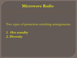 Microwave Radio
Two types of protection switching arrangements:
1. Hot standby
2. Diversity
 