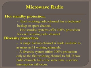 Microwave Radio
Hot standby protection.
- Each working radio channel has a dedicated
backup or spare channel.
- Hot standby systems offer 100% protection
for each working radio channel.
Diversity protection.
- A single backup channel is made available to
as many as 11 working channels.
- A diversity system offers 100% protection
only to the first working channel to fail. If two
radio channels fail at the same time, a service
interruption will occur.
 