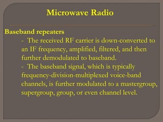 Microwave Radio
Baseband repeaters
- The received RF carrier is down-converted to
an IF frequency, amplified, filtered, and then
further demodulated to baseband.
- The baseband signal, which is typically
frequency-division-multiplexed voice-band
channels, is further modulated to a mastergroup,
supergroup, group, or even channel level.
 