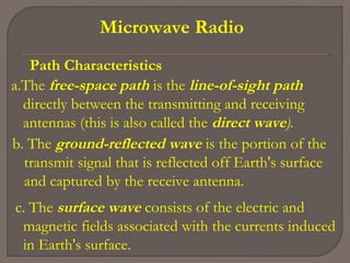 Microwave Radio
Path Characteristics
a.The free-space path is the line-of-sight path
directly between the transmitting and receiving
antennas (this is also called the direct wave).
b. The ground-reflected wave is the portion of the
transmit signal that is reflected off Earth's surface
and captured by the receive antenna.
c. The surface wave consists of the electric and
magnetic fields associated with the currents induced
in Earth's surface.
 