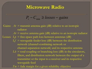 Microwave Radio
gainslossesCPt −≥− min
Gains: At = transmit antenna gain (dB) relative to an isotropic
radiator
Ar = receive antenna gain (dB) relative to an isotropic radiator
Losses: Lp = free-space path loss between antennas (dB)
Lf = waveguide feeder loss (dB) between the distribution
network (channeI-combining network or
channel-separation network) and its respective antenna
Lb = total coupling or branching loss (dB) in the circulators,
filters, and distribution network between the output of a
transmitter or the input to a receiver and its respective
waveguide feed
Fm = fade margin for a given reliability objective
 
