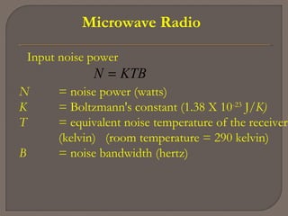 Microwave Radio
Input noise power
KTBN =
N = noise power (watts)
K = Boltzmann's constant (1.38 X 10-23
J/K)
T = equivalent noise temperature of the receiver
(kelvin) (room temperature = 290 kelvin)
B = noise bandwidth (hertz)
 